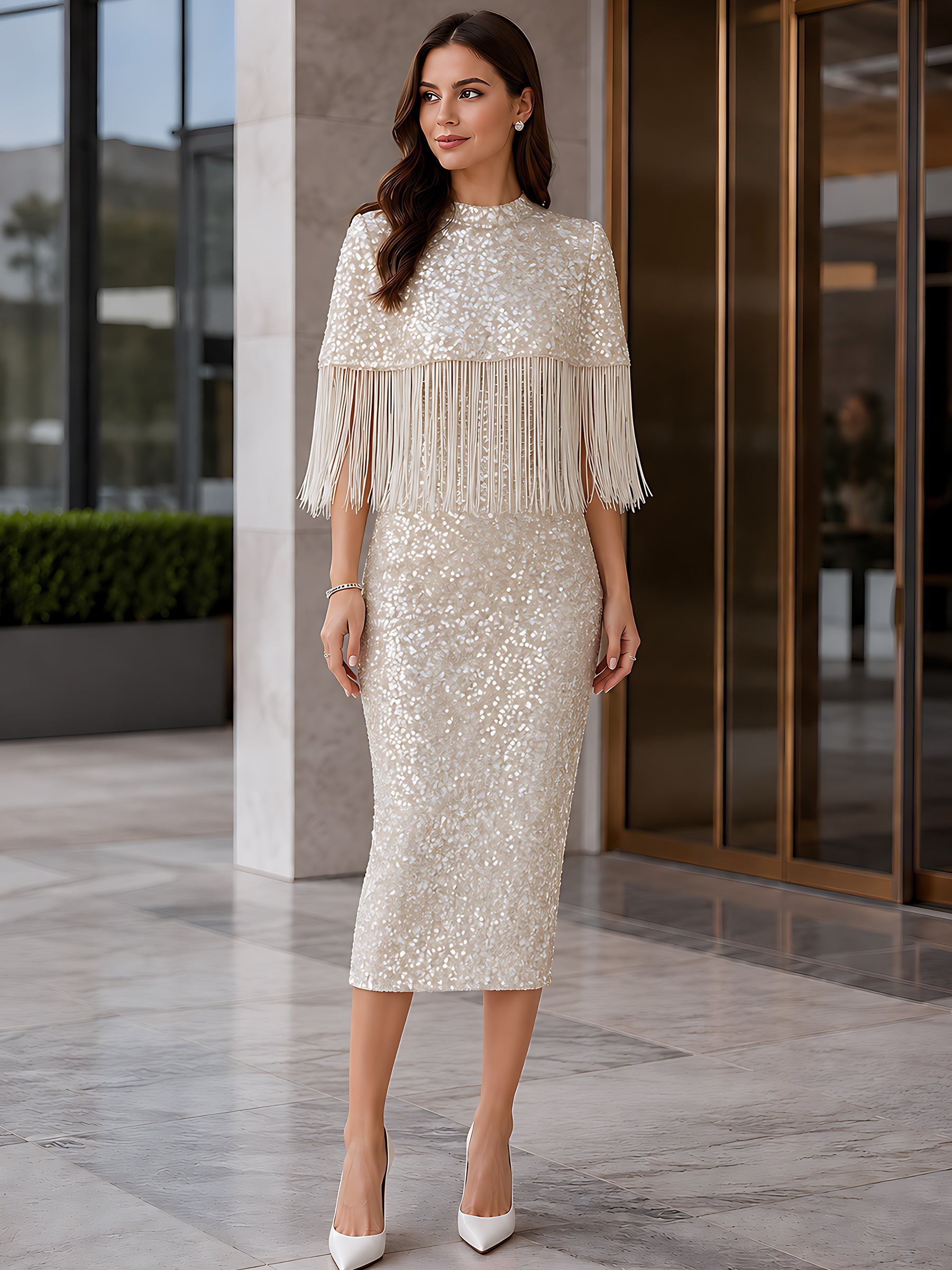 Sequin Fringe Cape Midi Dress