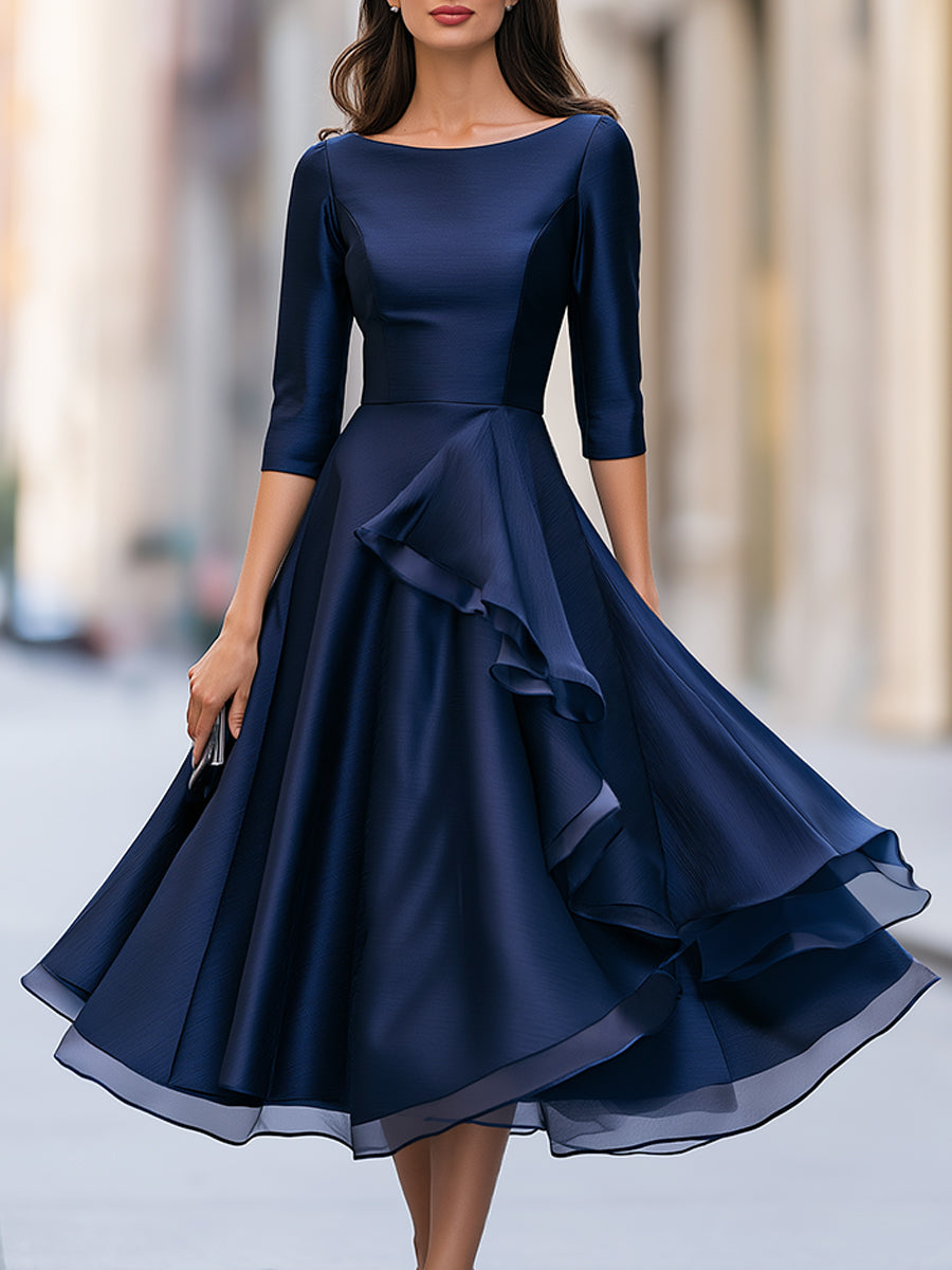 Elegant Navy Blue Ruffle A-Line Midi Dress