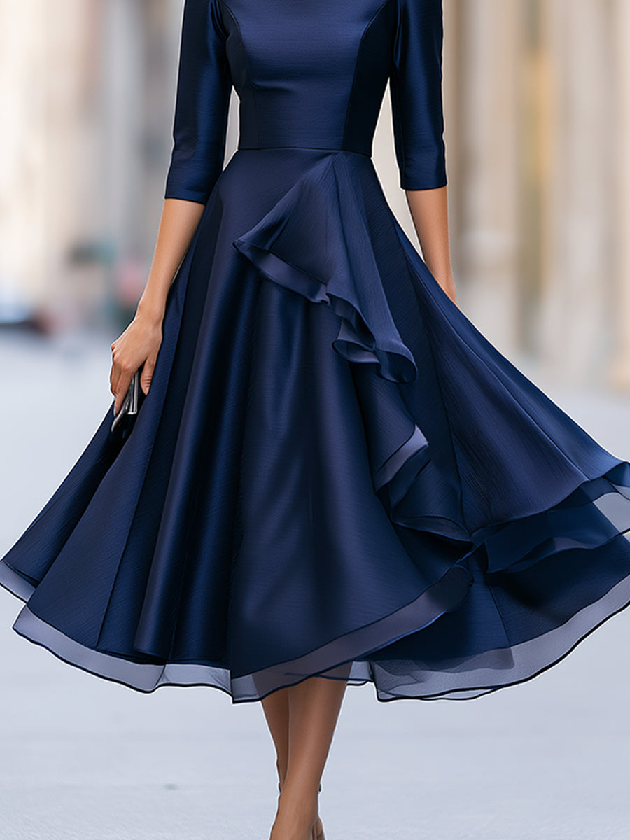 Elegant Navy Blue Ruffle A-Line Midi Dress
