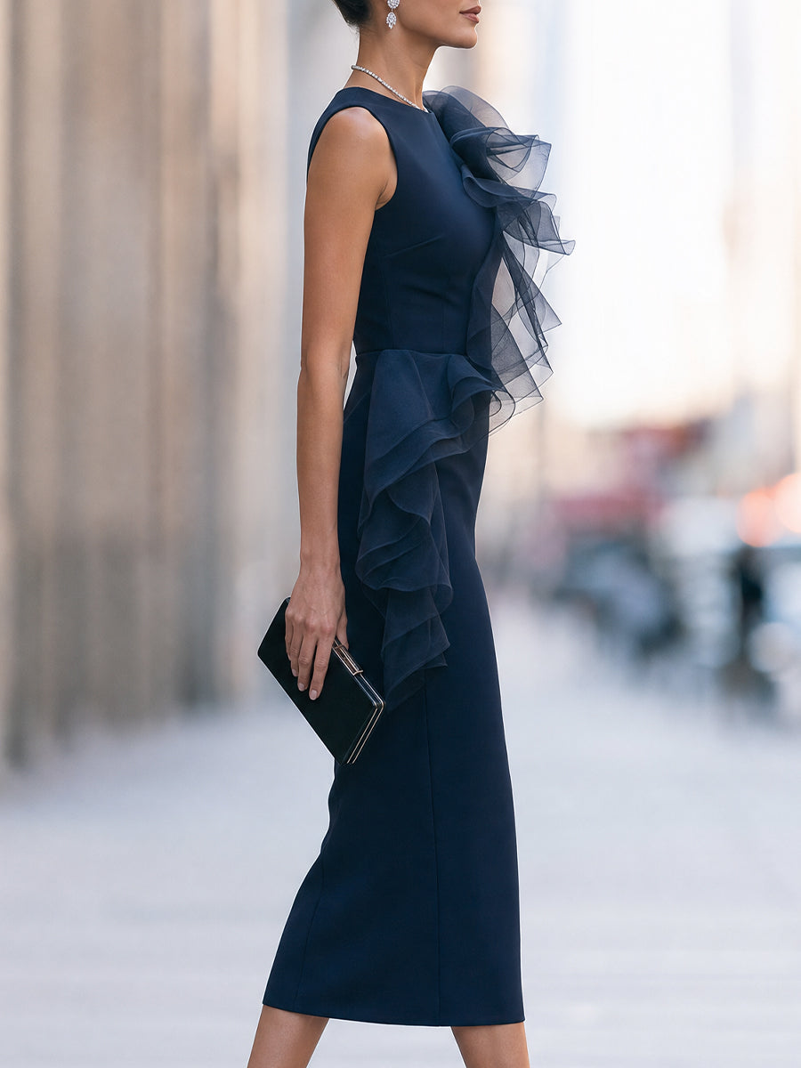 Elegant Navy Sleeveless Sheath Midi Dress with Asymmetric Mesh Ruffle Detail