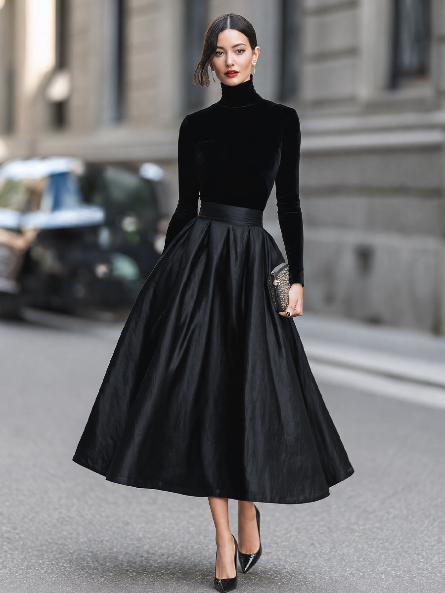 High-Neck Long-Sleeve Full-Skirt Maxi Dress