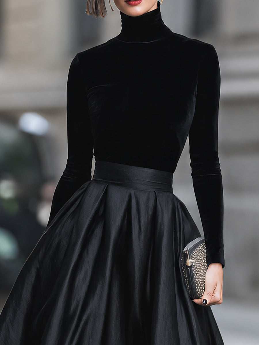 High-Neck Long-Sleeve Full-Skirt Maxi Dress