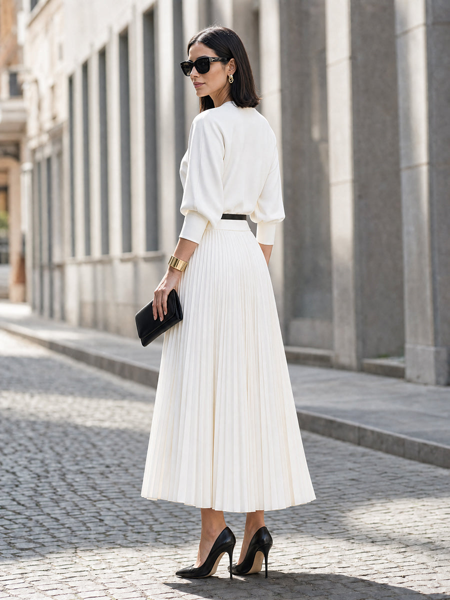 Crew-Neck Puff-Sleeve Pleated Maxi Dress