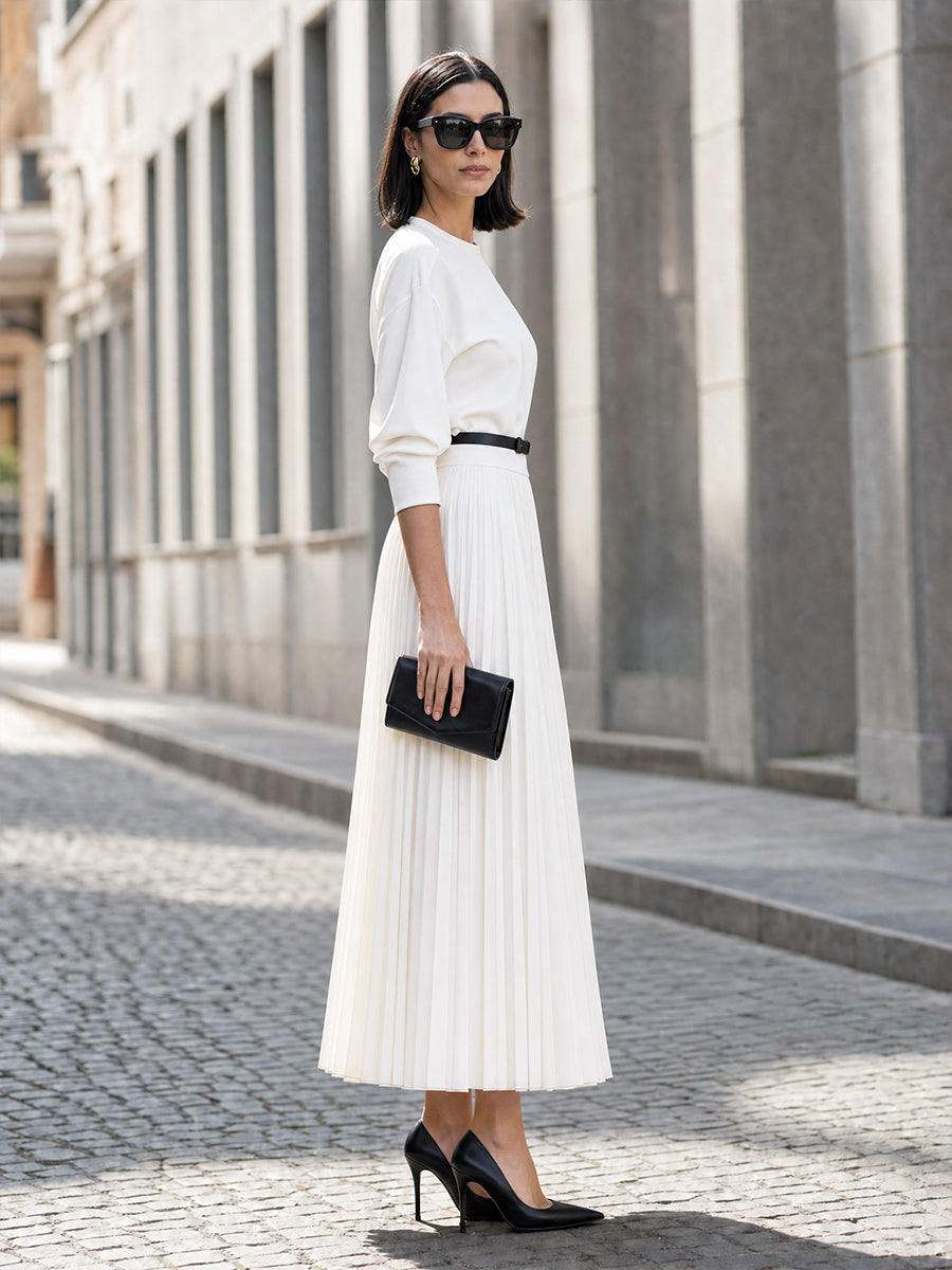 Crew-Neck Puff-Sleeve Pleated Maxi Dress