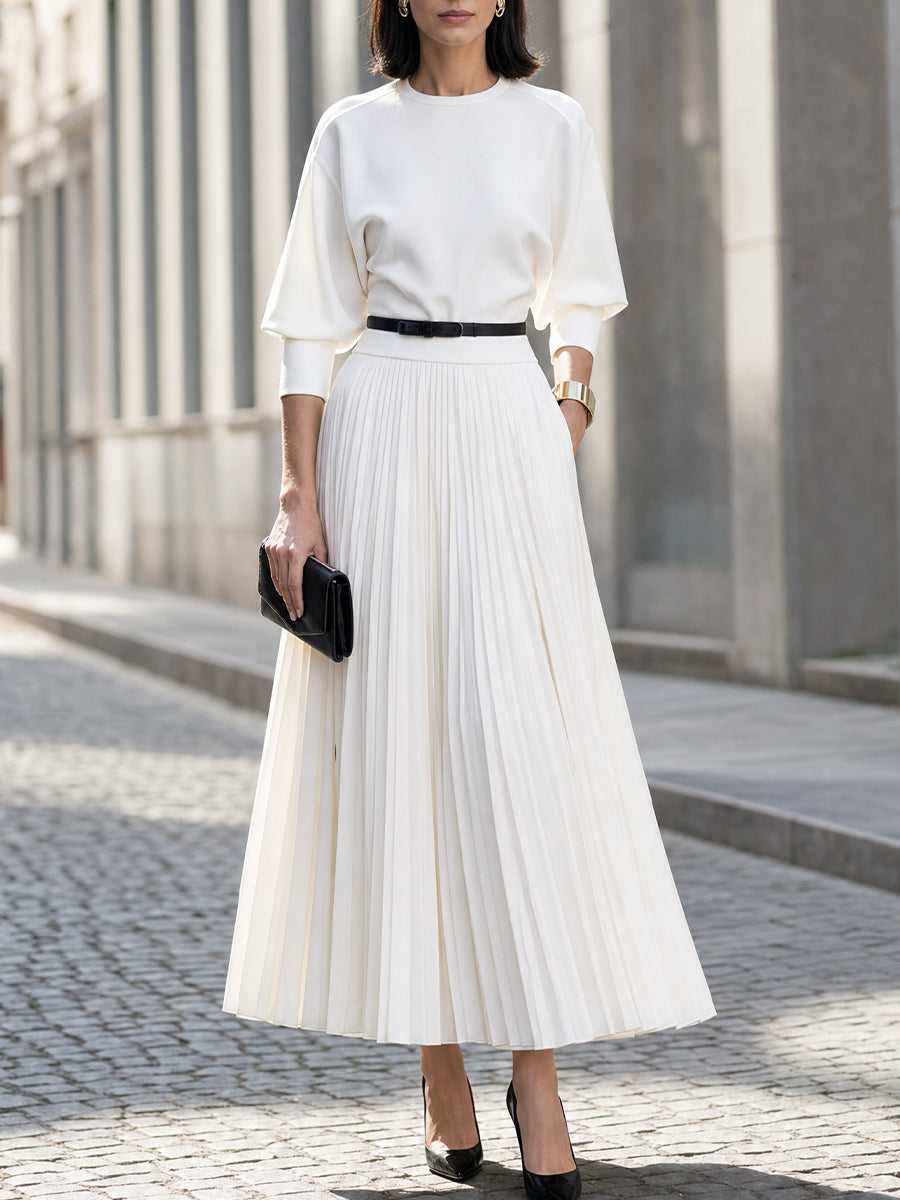 Crew-Neck Puff-Sleeve Pleated Maxi Dress