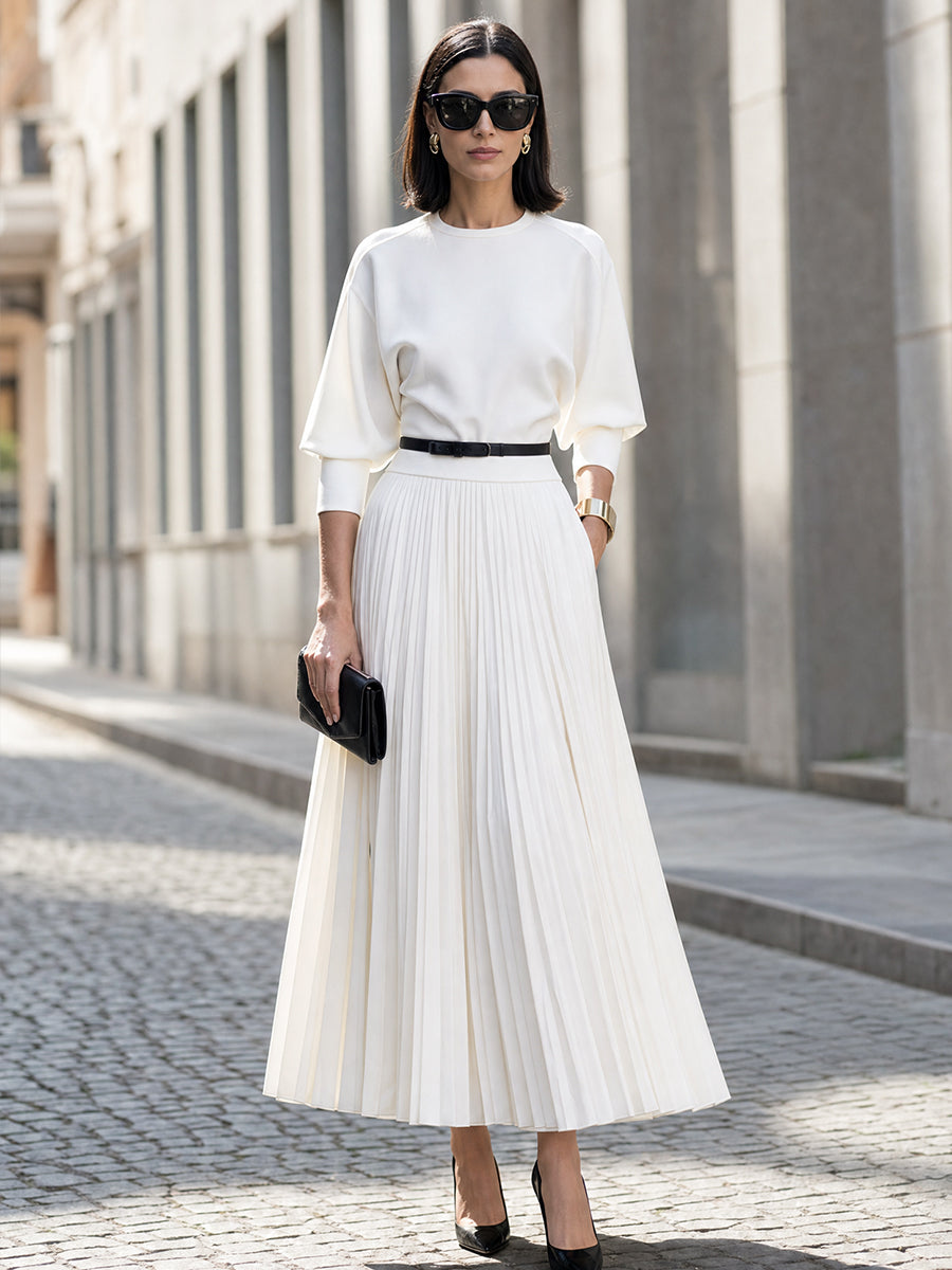 Crew-Neck Puff-Sleeve Pleated Maxi Dress