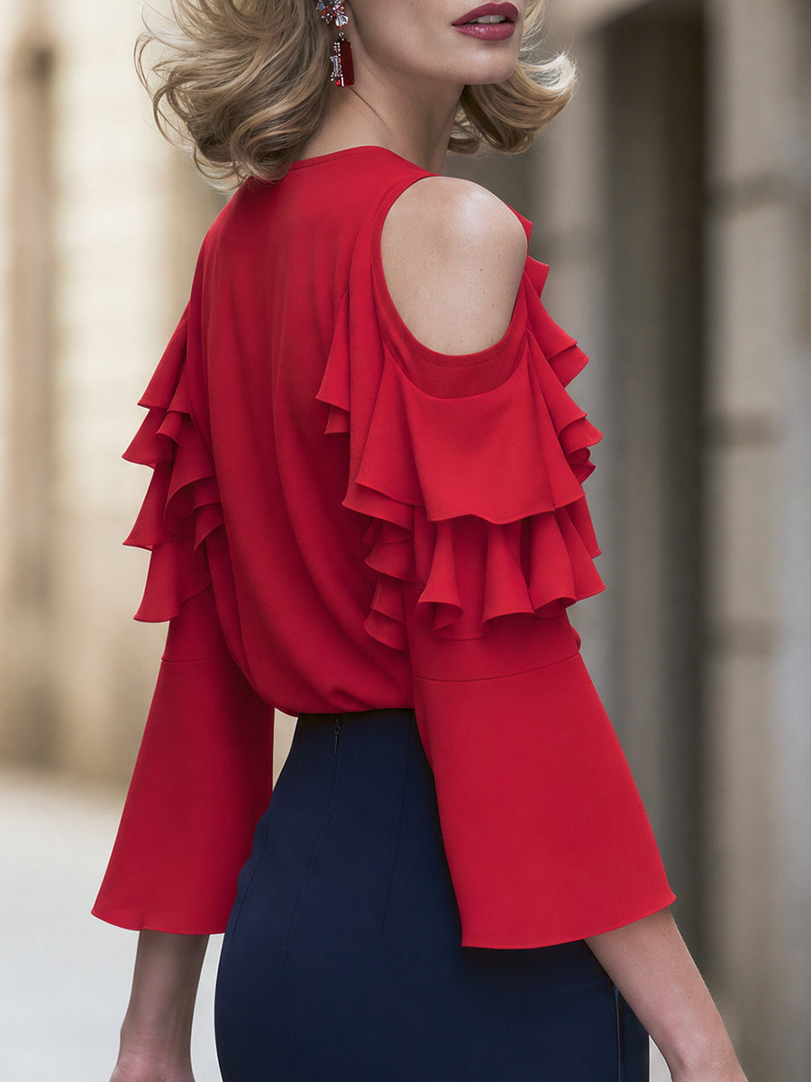 Cold Shoulder Ruffle Trim Bell Sleeve Blouse