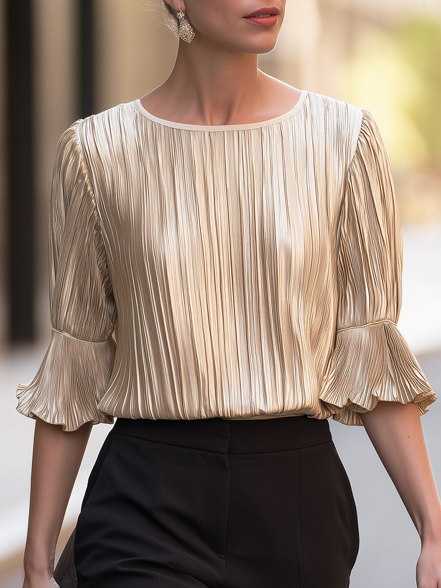 Metallic Pleated Bell Sleeve Blouse Round Neck Top