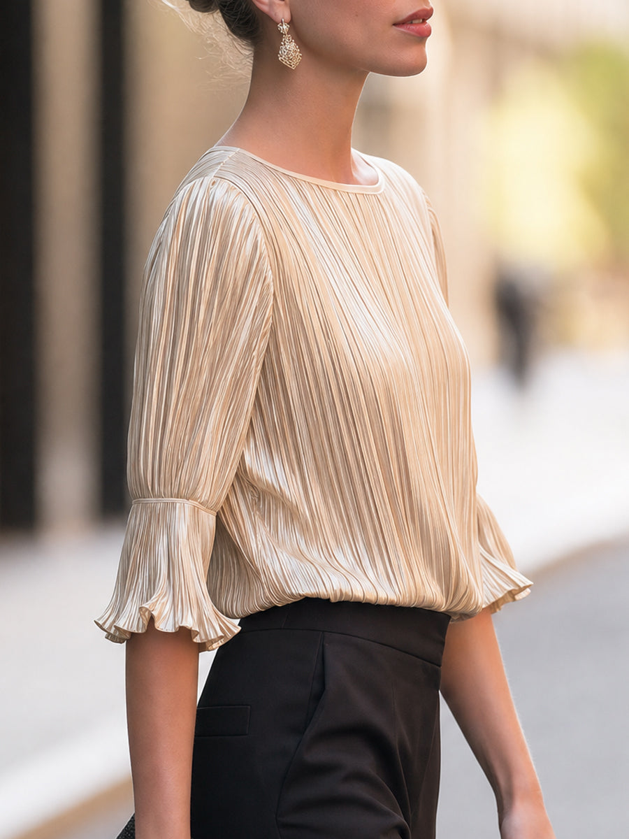 Metallic Pleated Bell Sleeve Blouse Round Neck Top