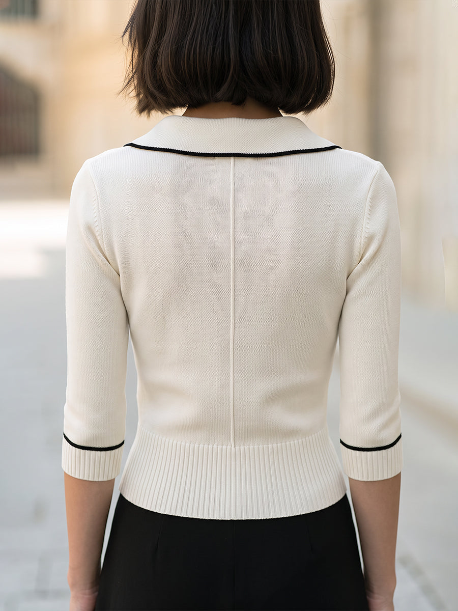 Contrast-Trim Collared Knit Cardigan Top