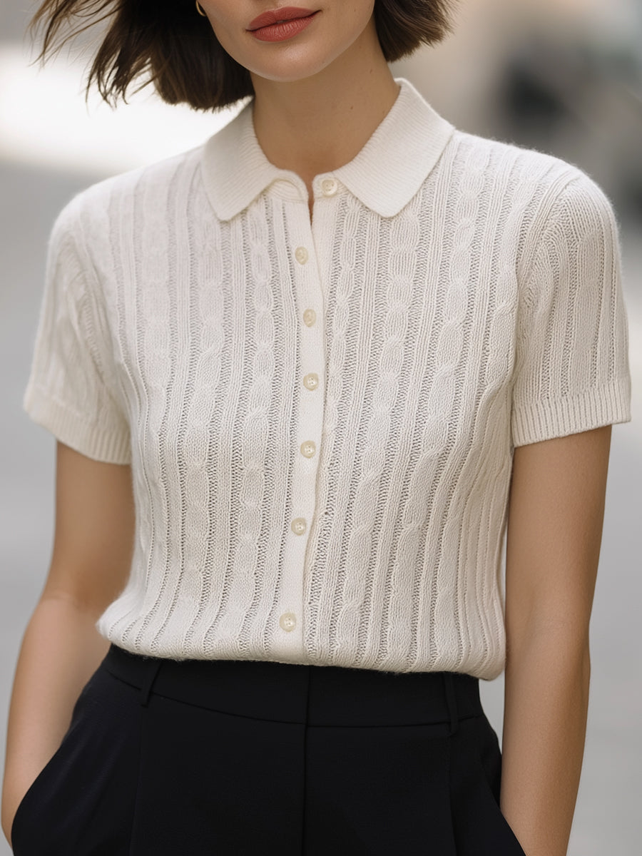 Elegant White Cable Knit Polo Sweater Top