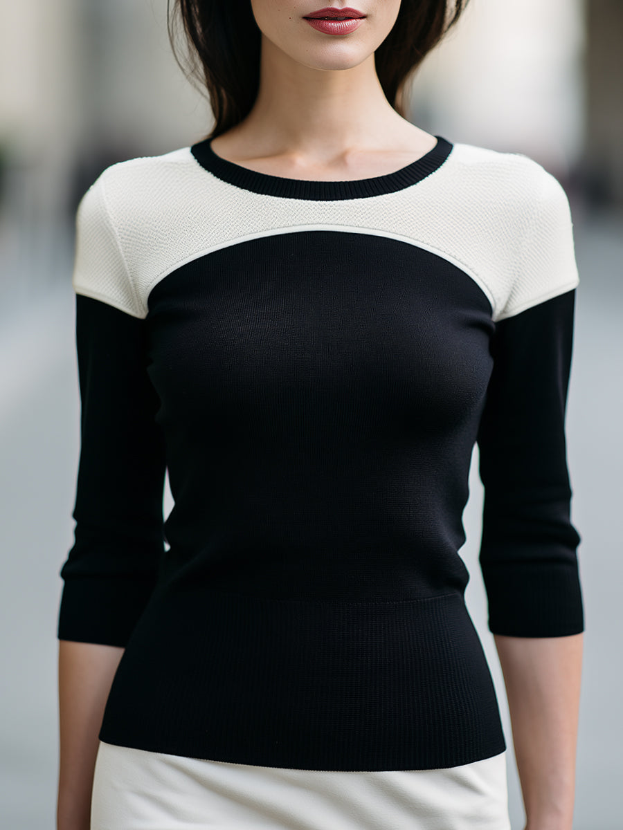 Contrast-Yoke Colorblock Knit Top