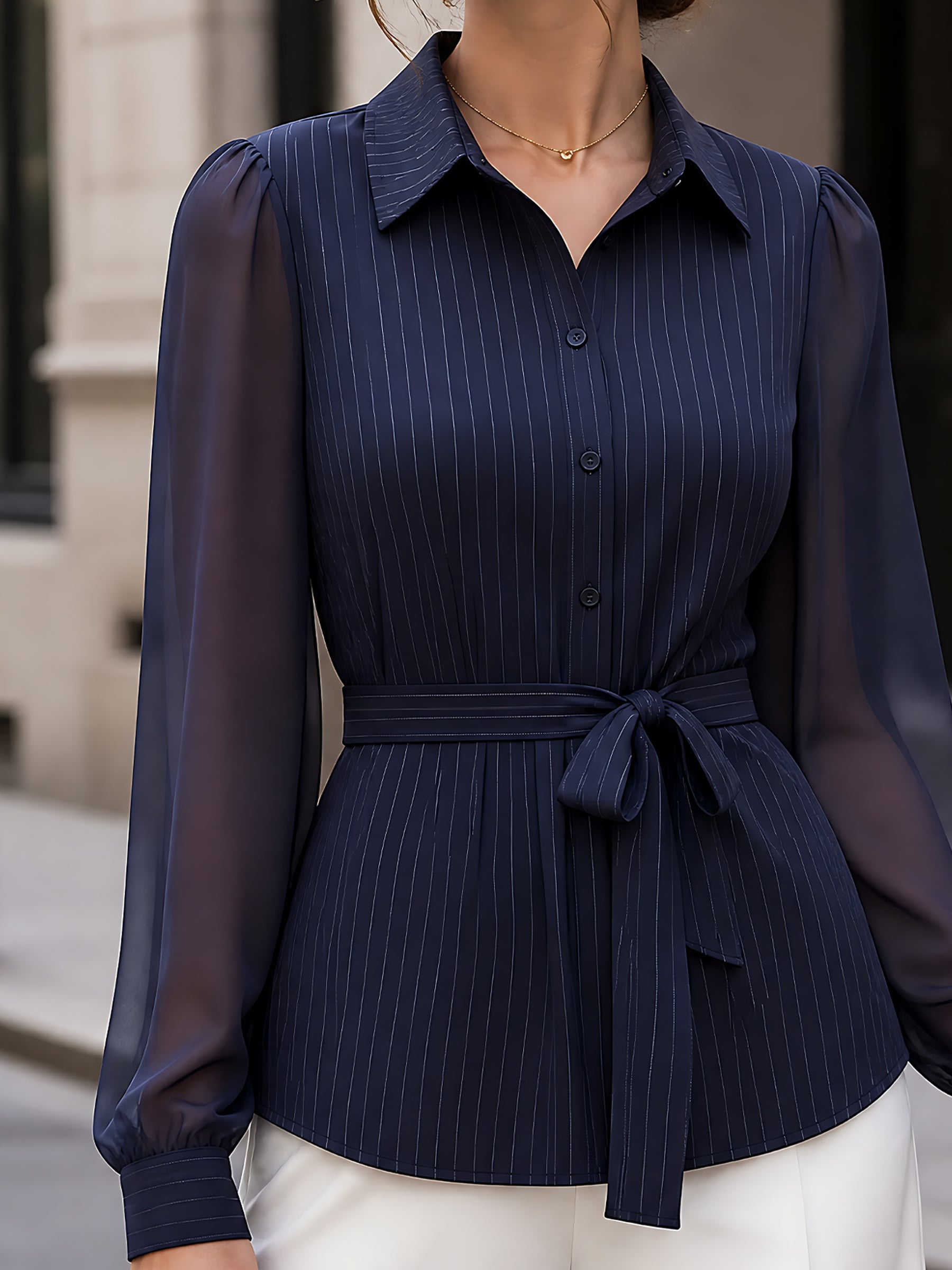 Striped Chiffon-Sleeve Tie-Waist Shirt