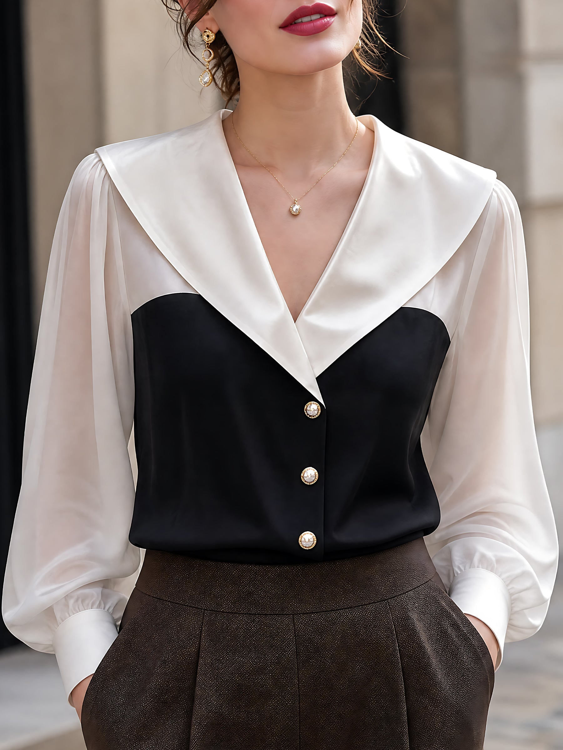 Satin Contrast-Collar Chiffon-Sleeve Blouse
