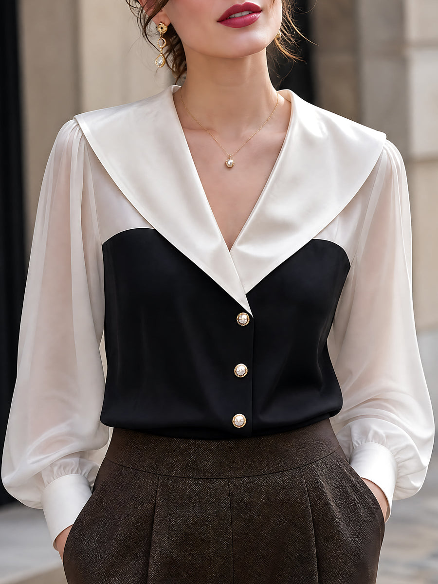 Satin Contrast-Collar Chiffon-Sleeve Blouse