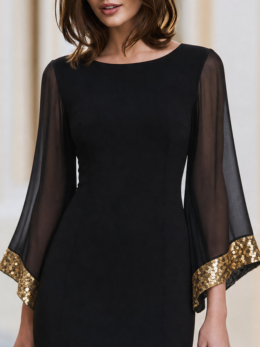 Boat Neck Sheer Flare Sleeve Gold Sequin Trim Bodycon Mini Dress