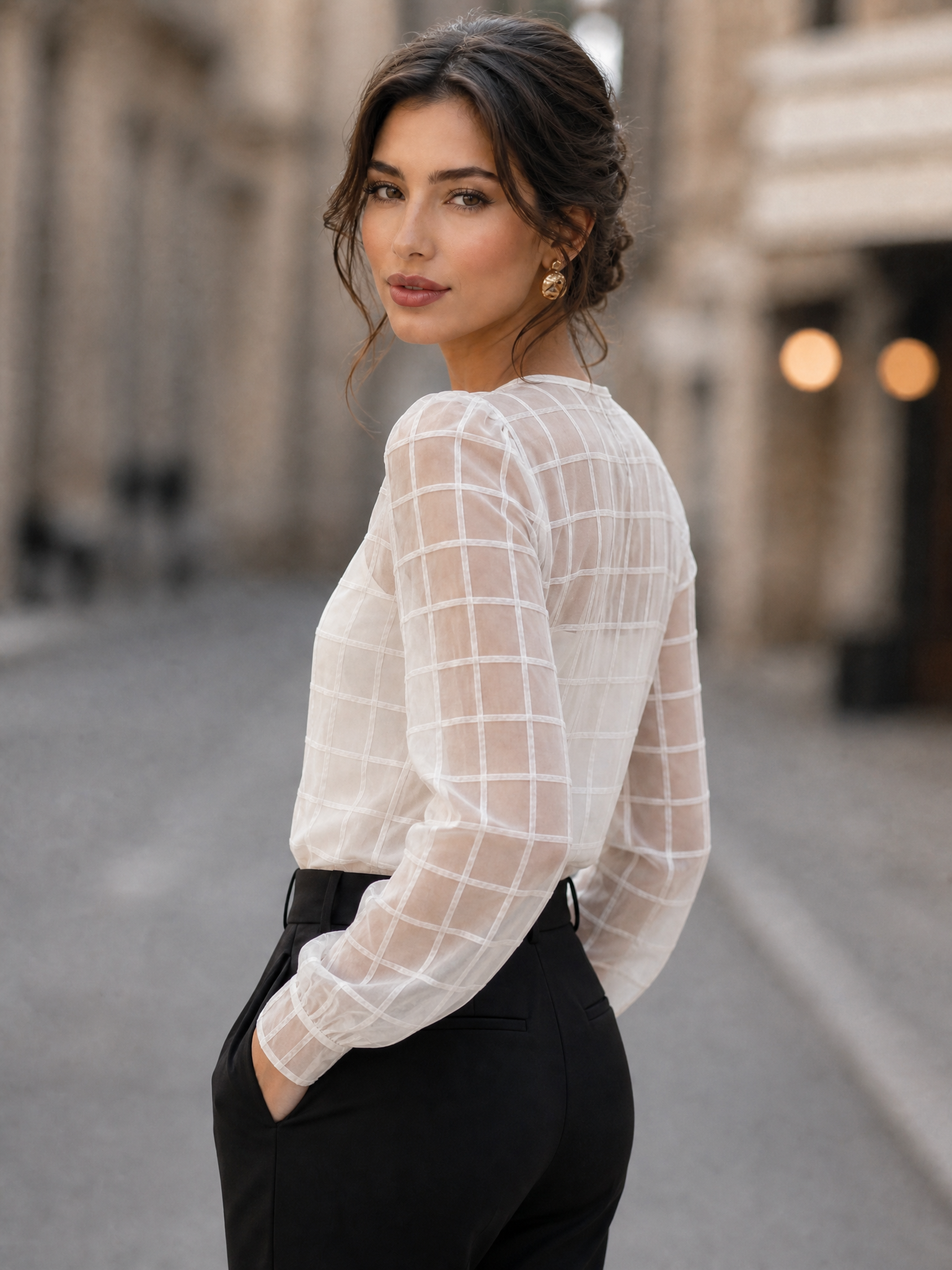 Elegant Sheer Grid Organza Long Sleeve Blouse