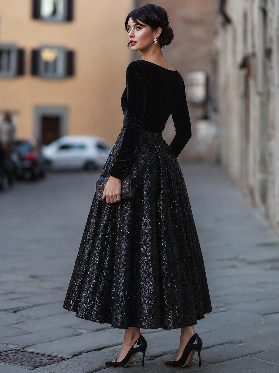 Elegant Velvet Long Sleeve Sequin Maxi Dress