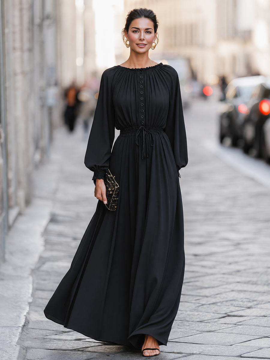 Button-Front Drawstring-Waist Maxi Dress With Balloon Sleeves