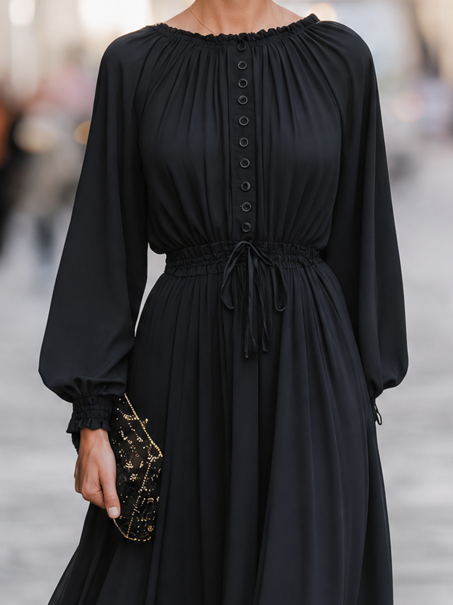 Button-Front Drawstring-Waist Maxi Dress With Balloon Sleeves