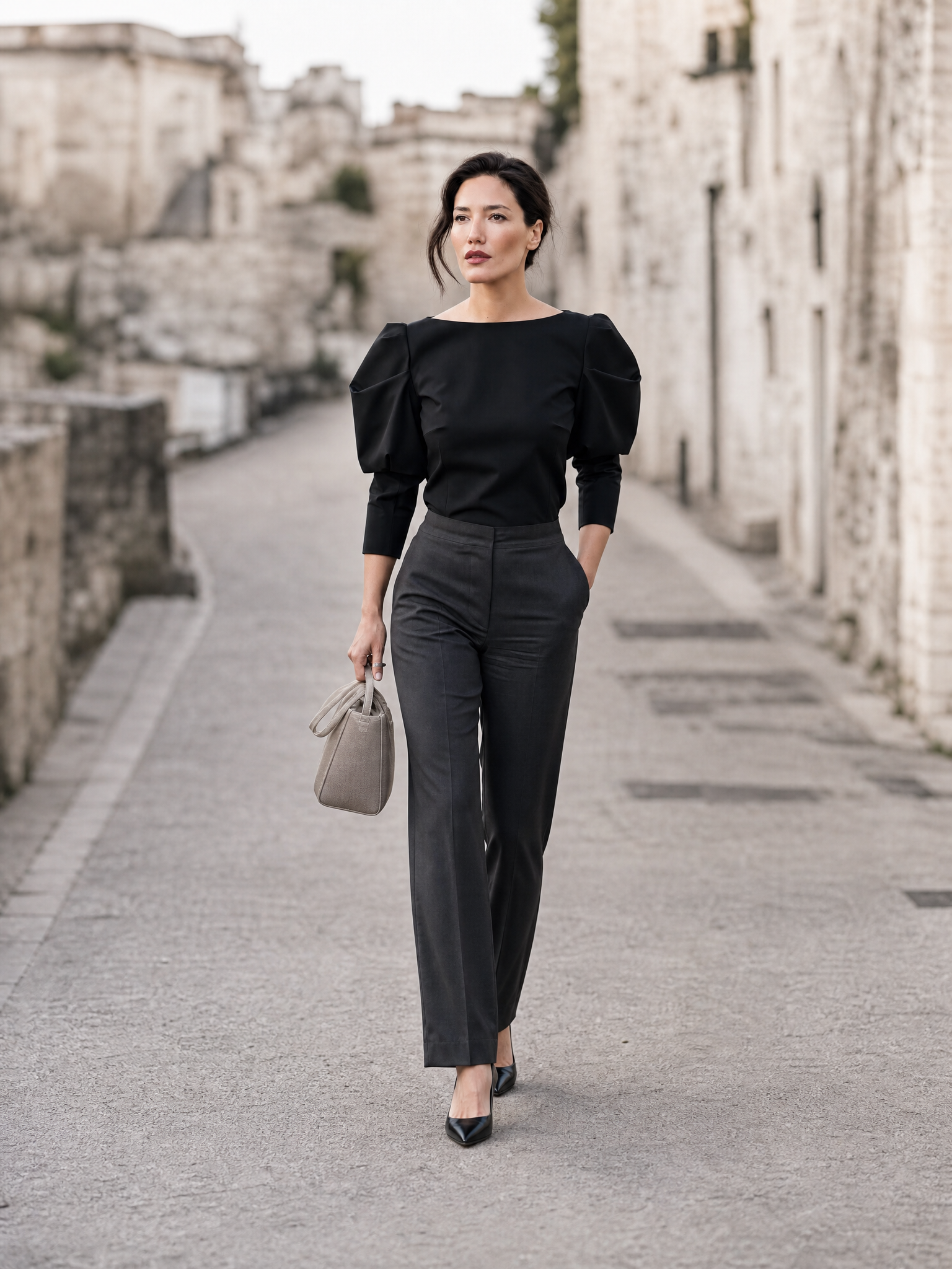 Women's Puff Sleeve Boat Neck Blouse - Elegant Structured Top