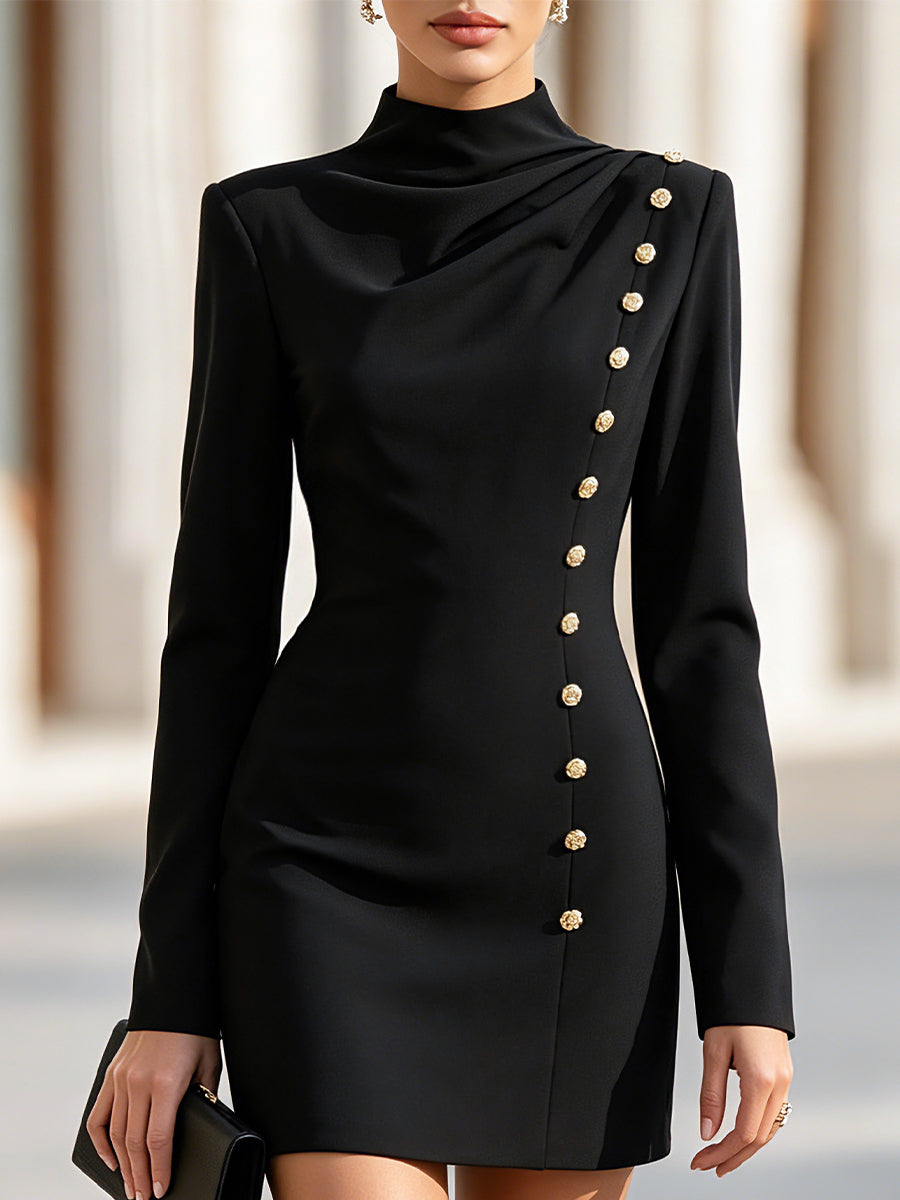 Draped Mock Neck Button Detail Mini Dress