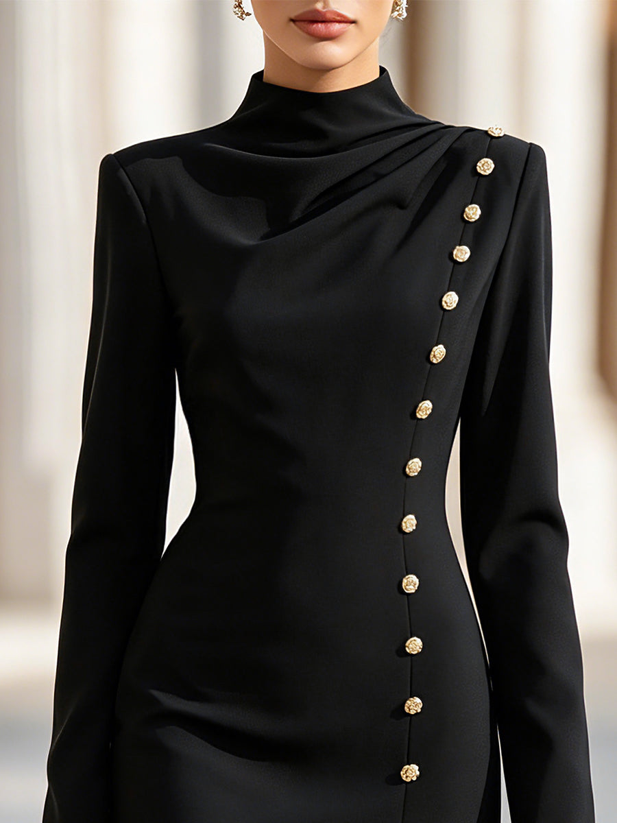 Draped Mock Neck Button Detail Mini Dress