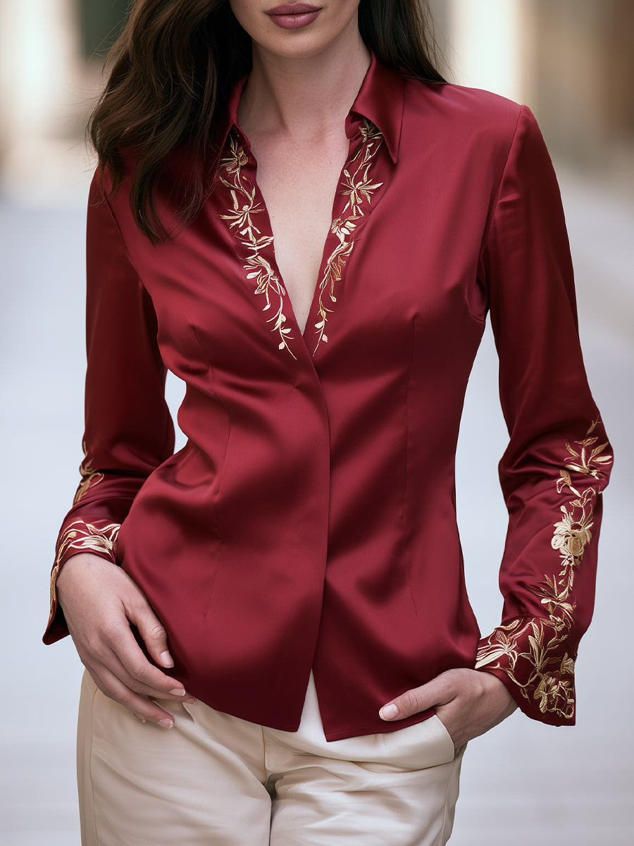 Embroidered Satin V Neck Blouse