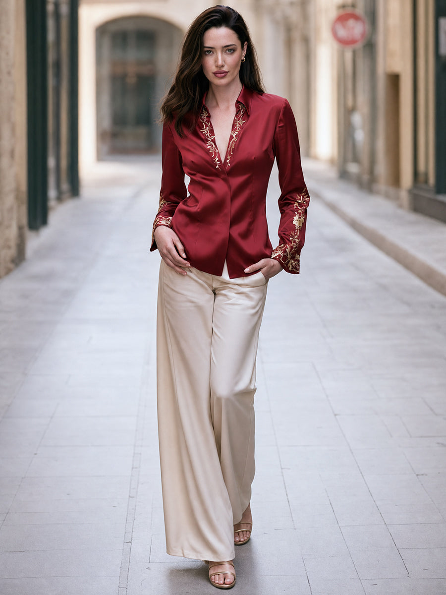 Embroidered Satin V Neck Blouse