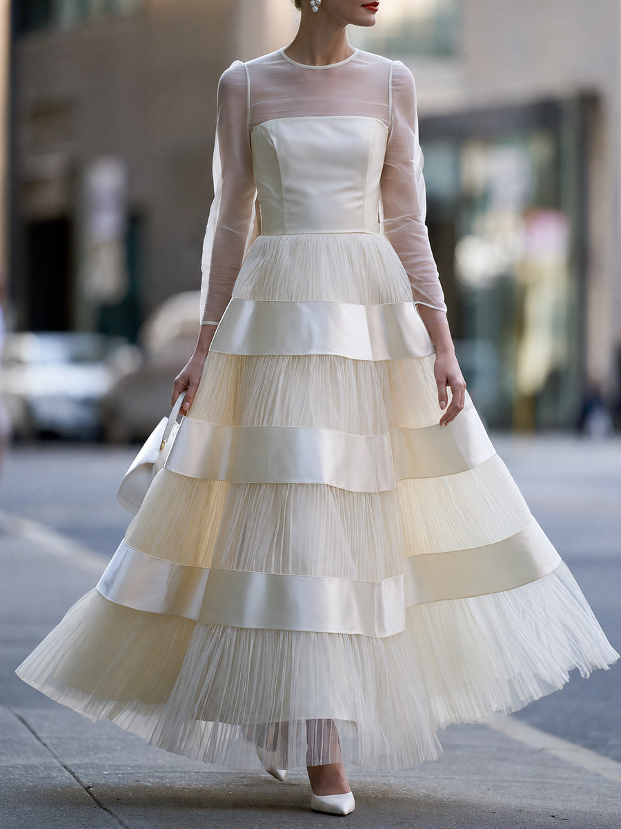 Elegant Sheer Long Sleeve Tiered Tulle Evening Gown