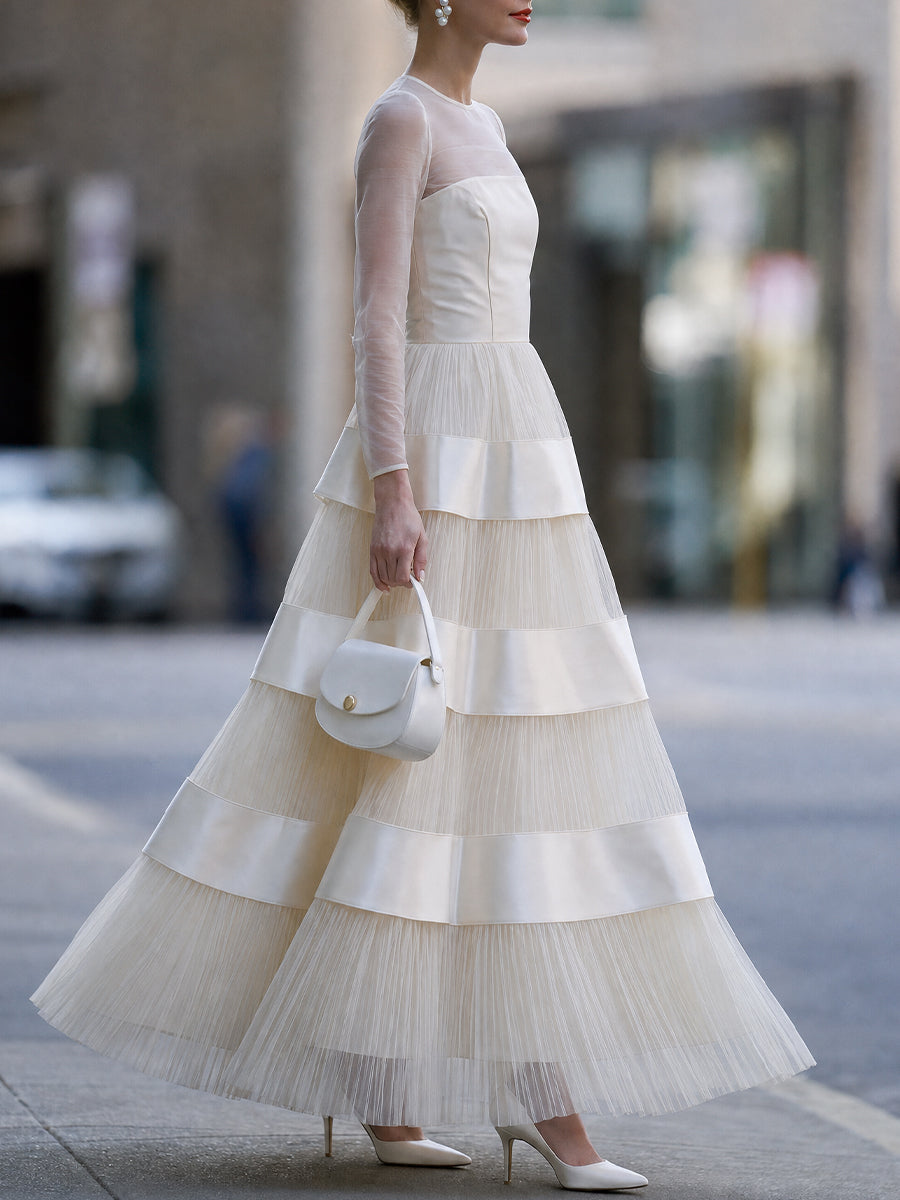 Elegant Sheer Long Sleeve Tiered Tulle Evening Gown