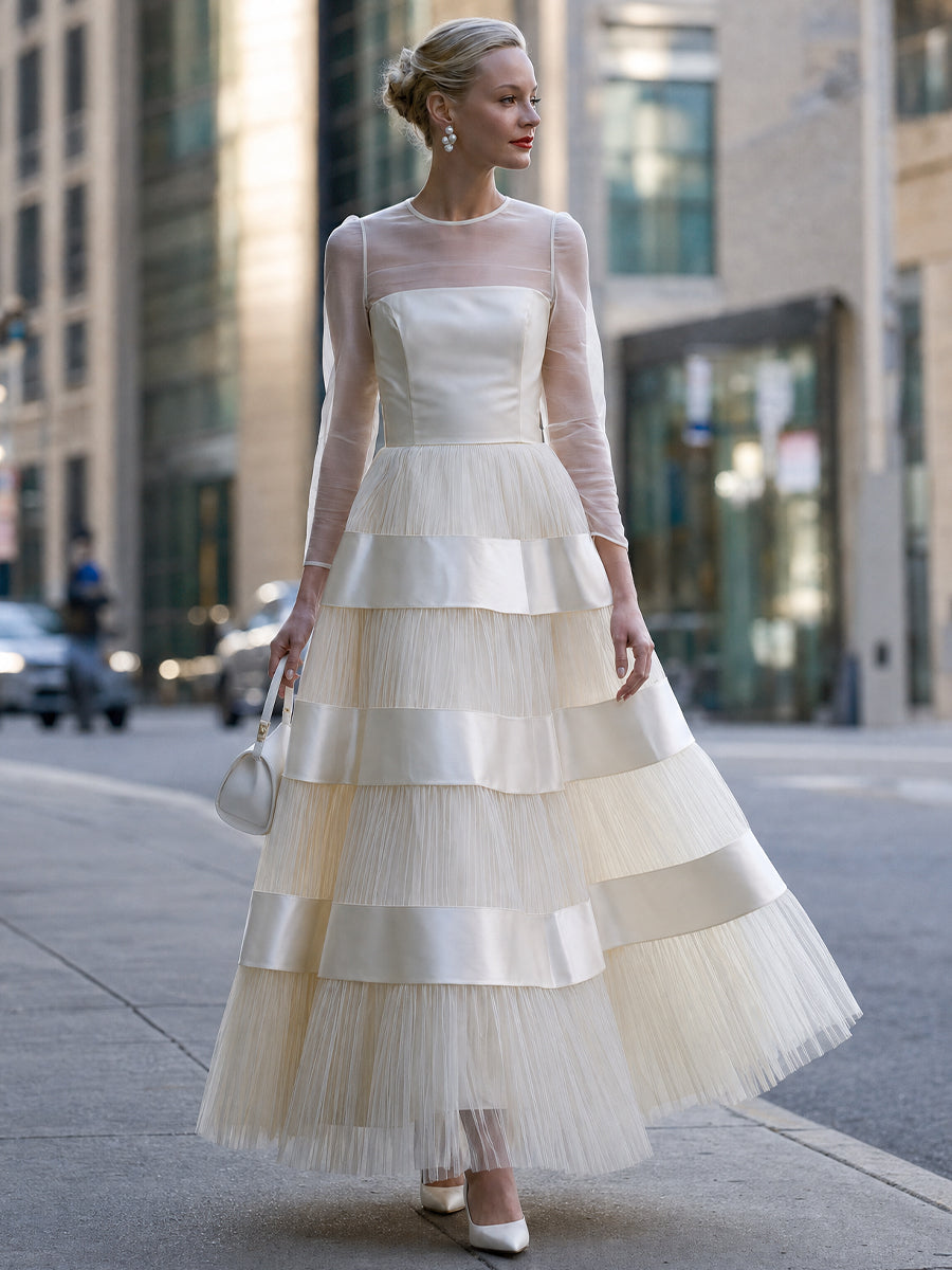 Elegant Sheer Long Sleeve Tiered Tulle Evening Gown