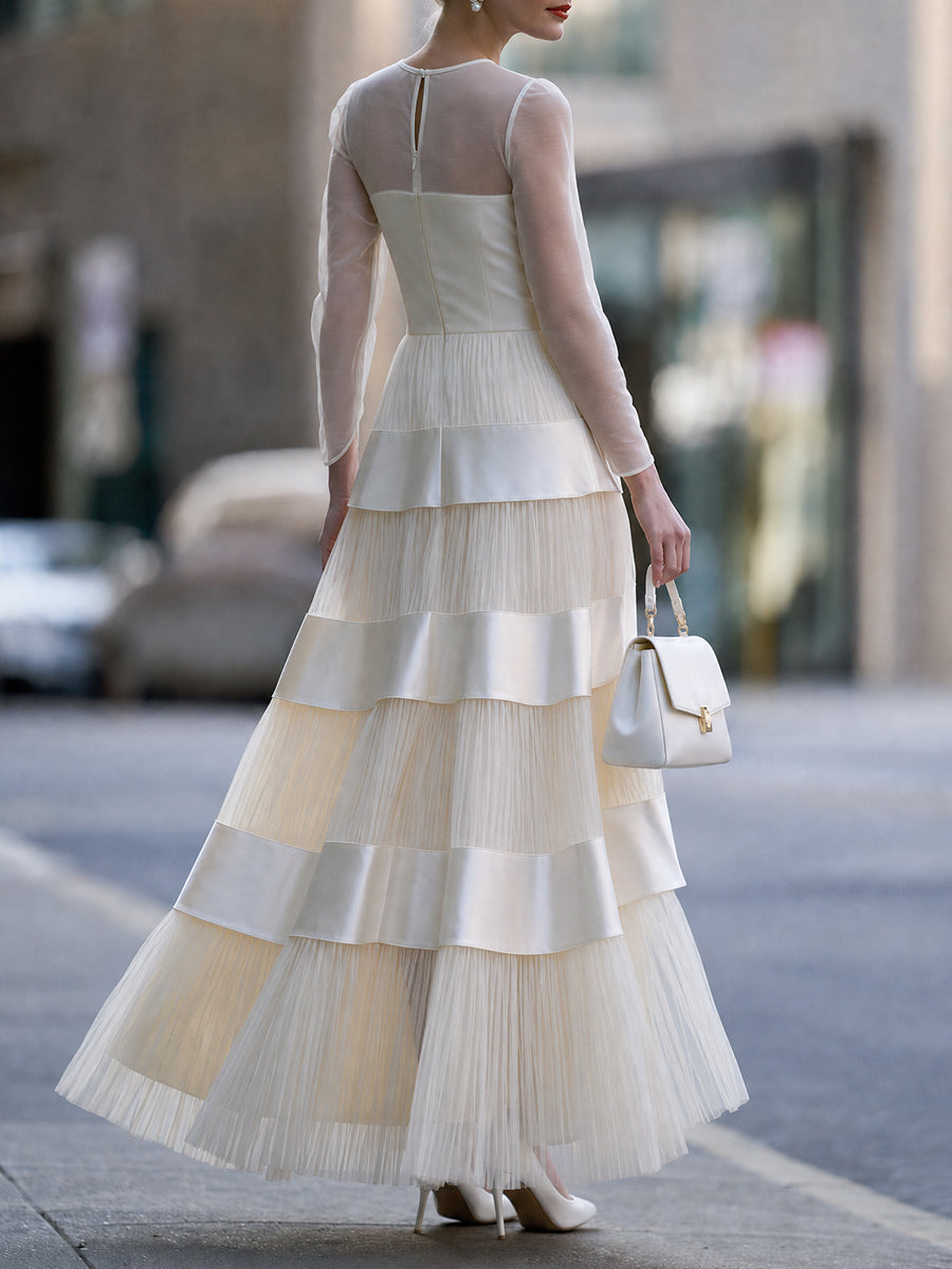 Elegant Sheer Long Sleeve Tiered Tulle Evening Gown