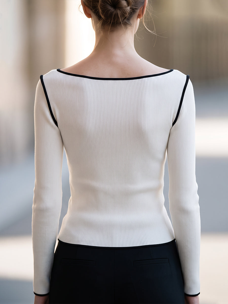 Contrast-Trim Ribbed Boat-Neck Knit Top