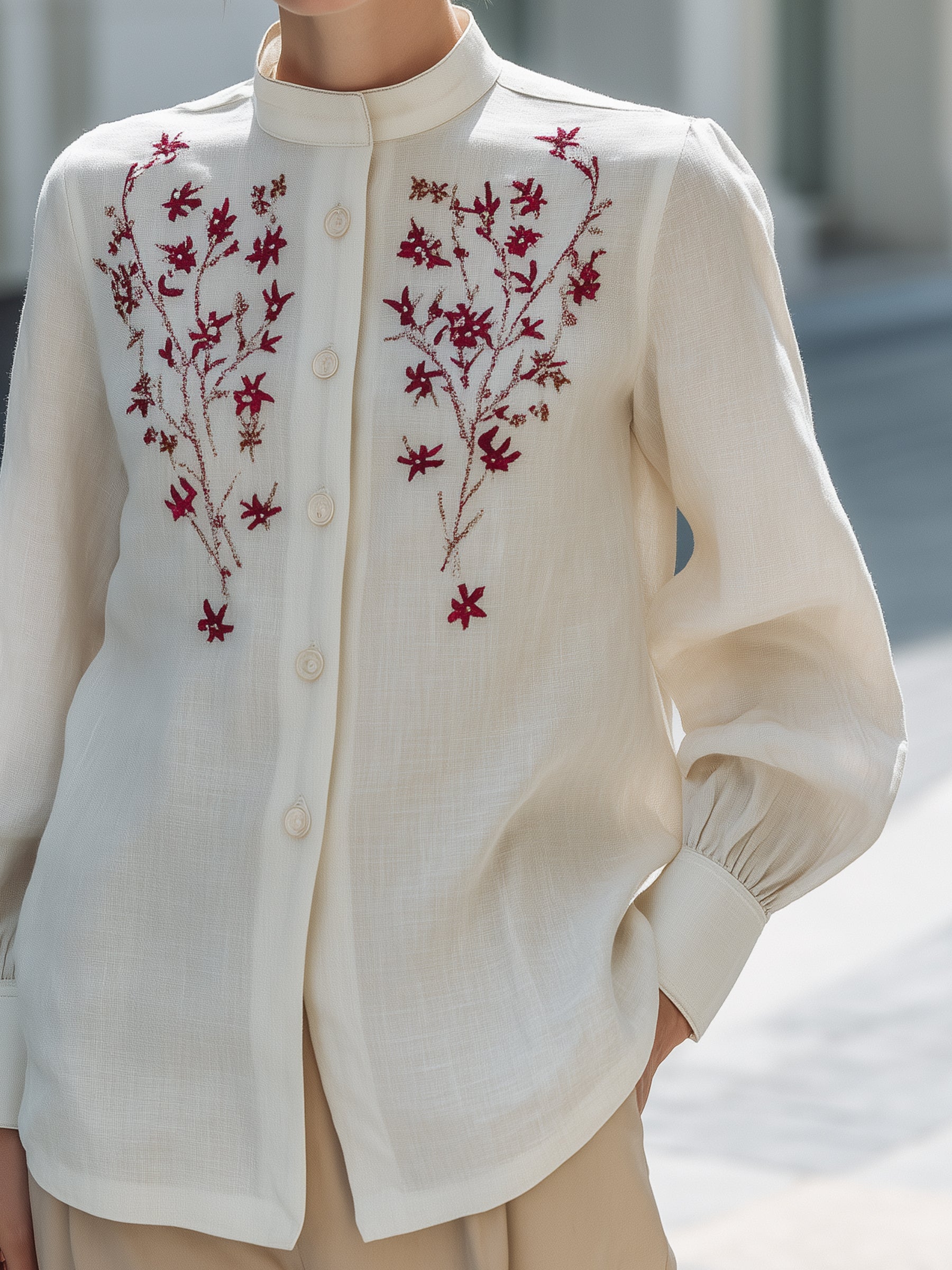 Embroidered Linen Button-Up Blouse