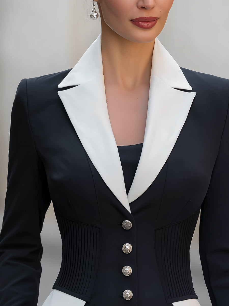 Contrast Lapel Pleated-Waist Tailored Blazer