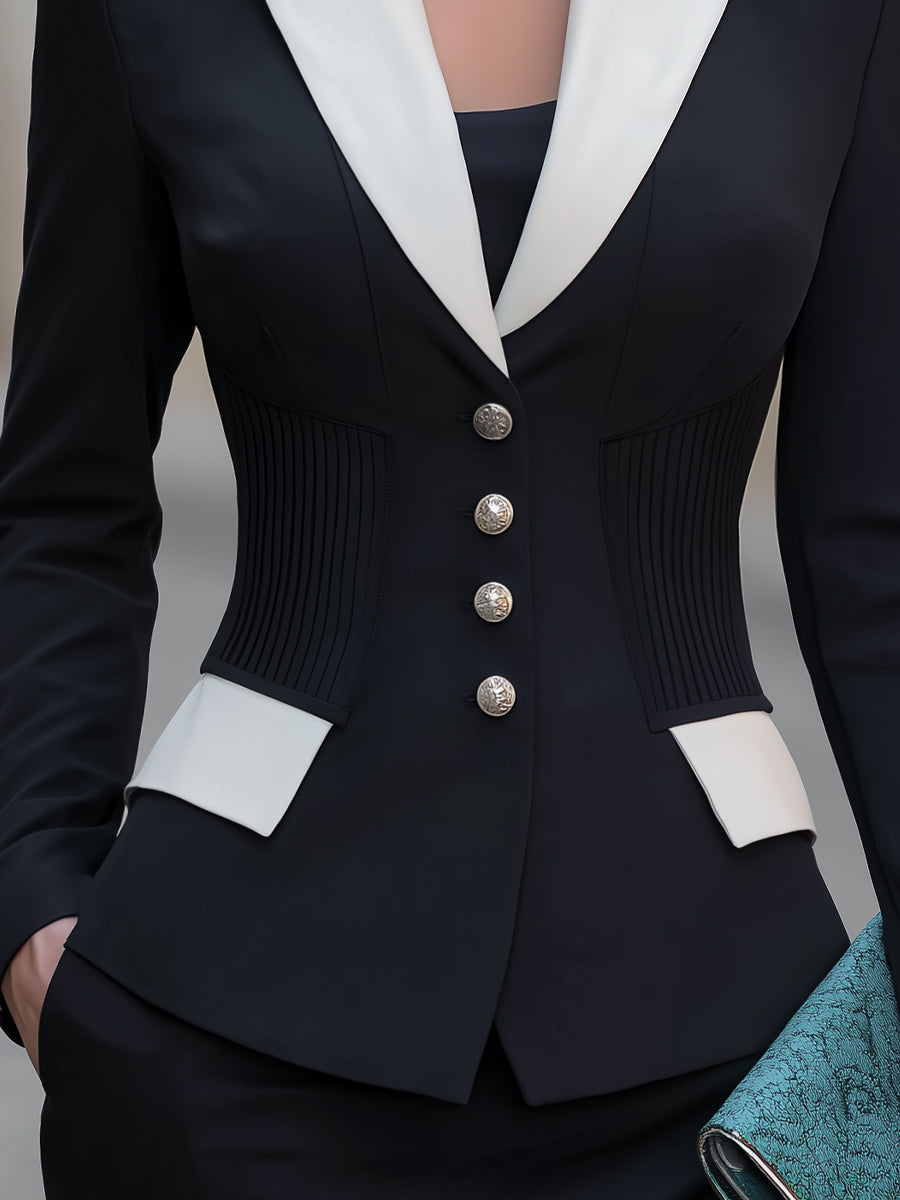 Contrast Lapel Pleated-Waist Tailored Blazer