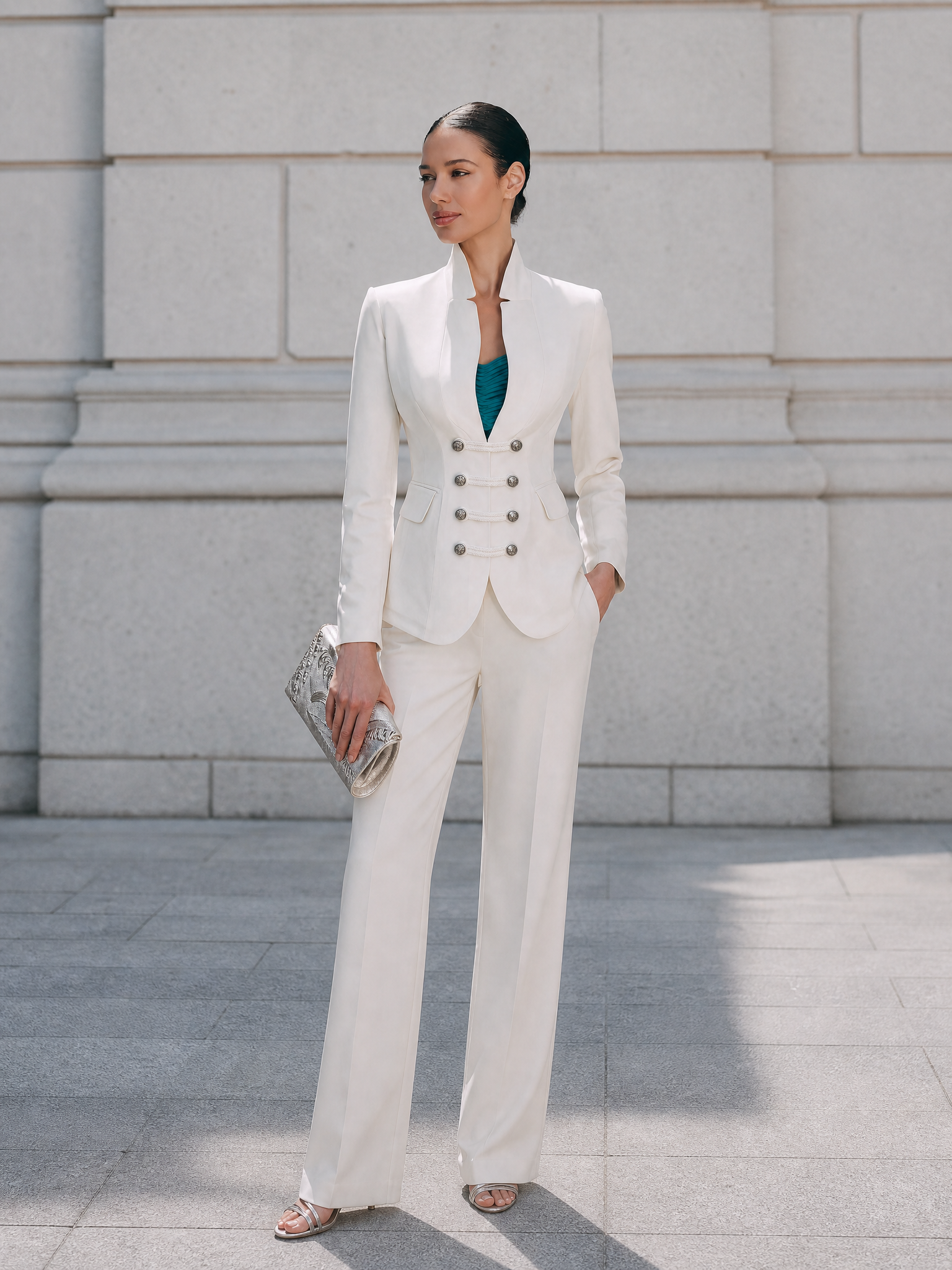 Tailored Military-Style Double-Breasted Blazer