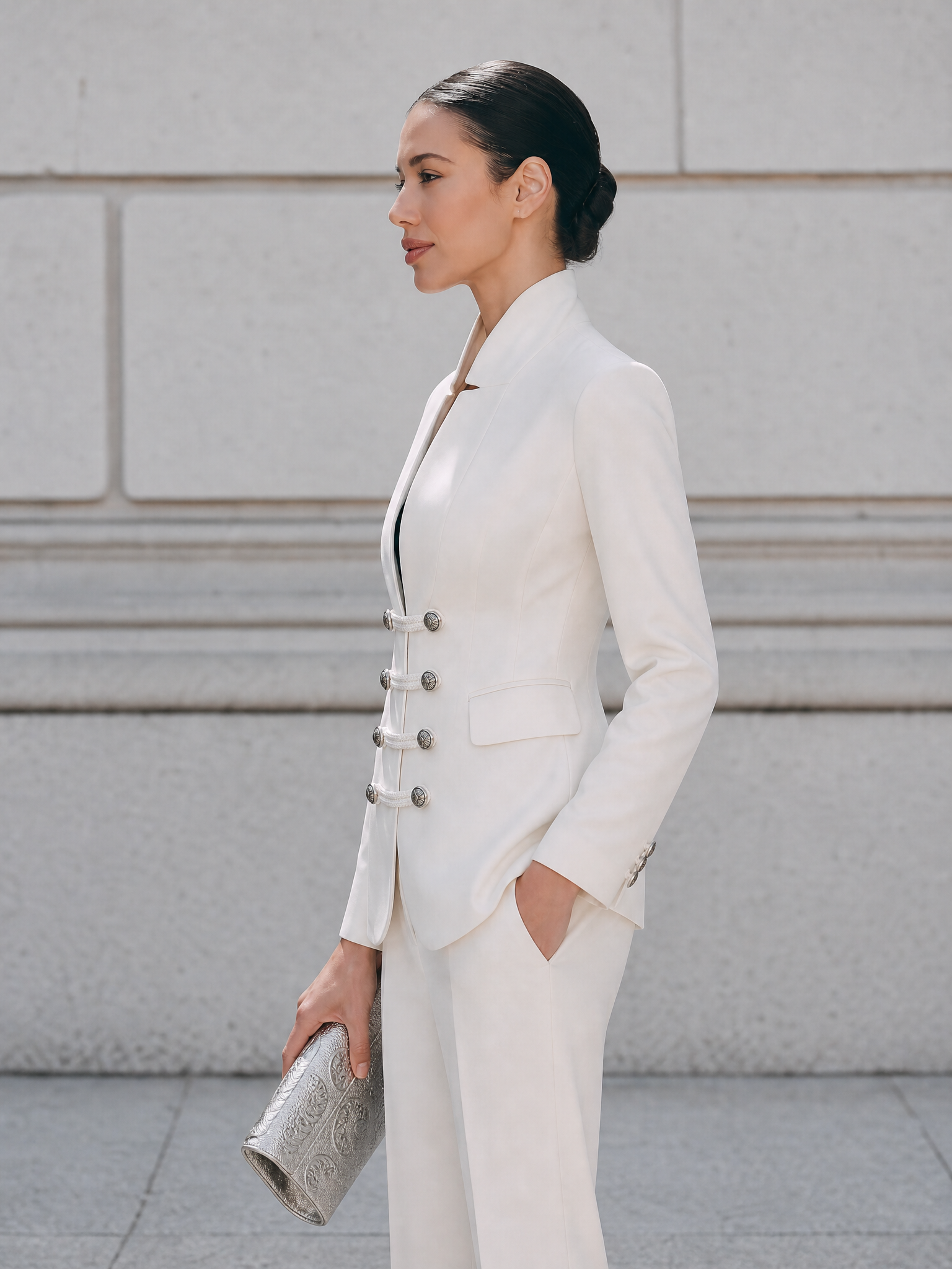 Tailored Military-Style Double-Breasted Blazer