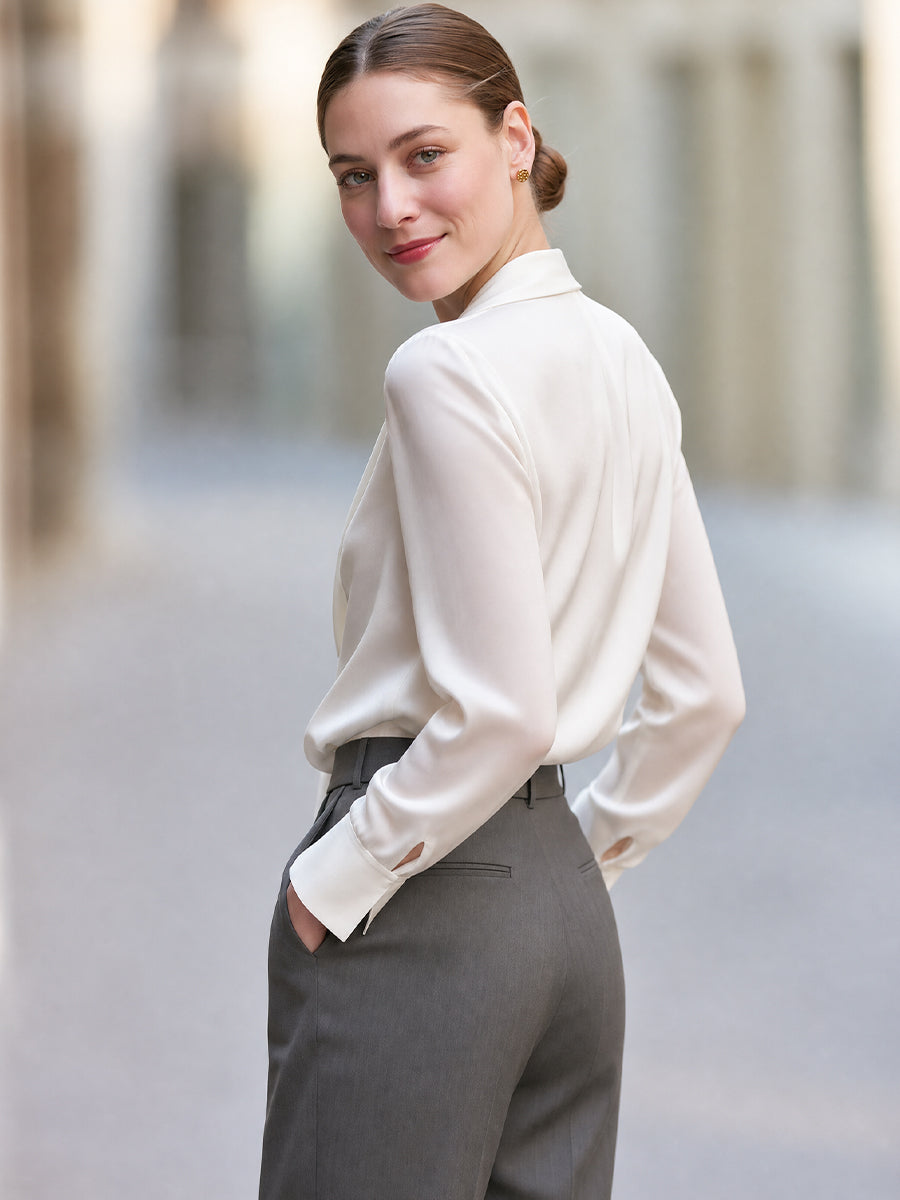 Elegant Satin Tie-Neck Long Sleeve Blouse