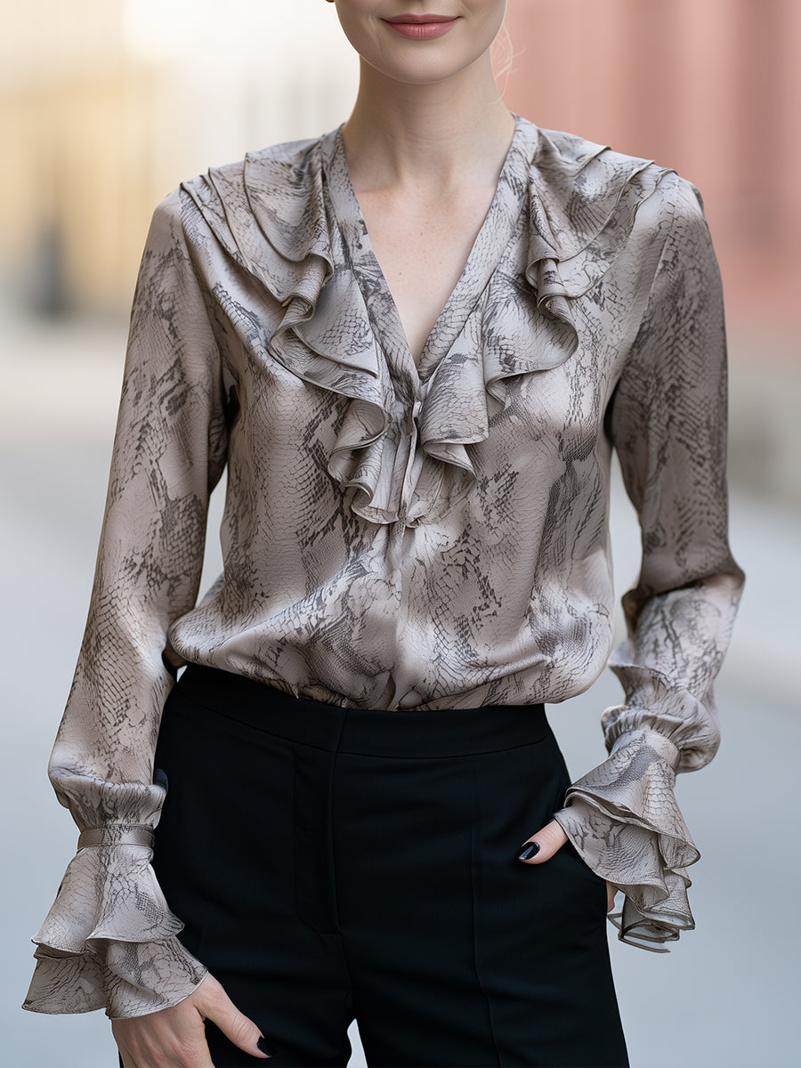 Snake Print Ruffle V-Neck Long Sleeve Satin Blouse