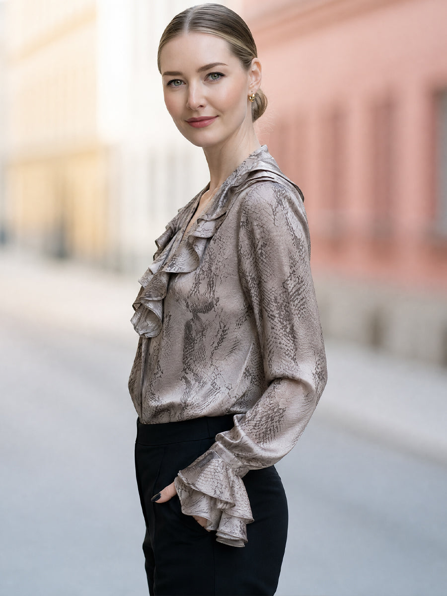 Snake Print Ruffle V-Neck Long Sleeve Satin Blouse