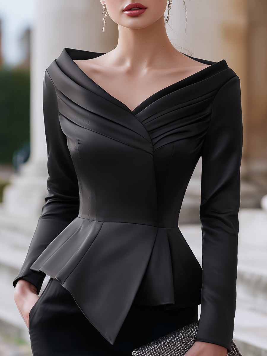 Elegant Satin Draped Long Sleeve Peplum Top