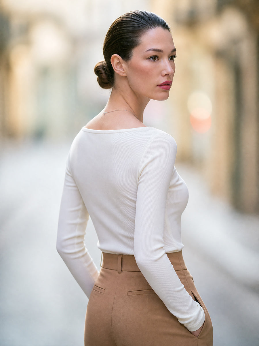 Ribbed Boat Neck Long Sleeve Fitted Top