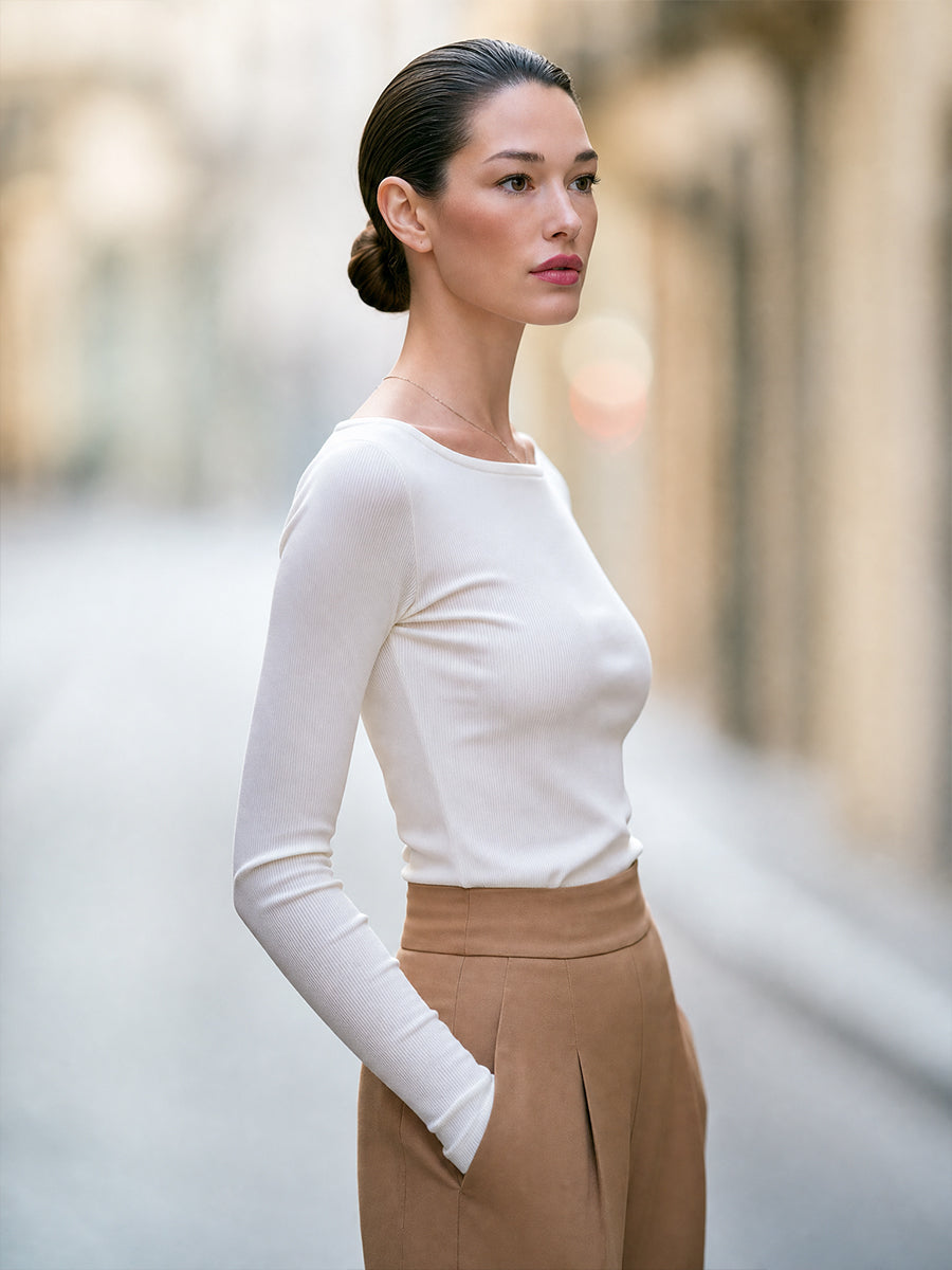 Ribbed Boat Neck Long Sleeve Fitted Top