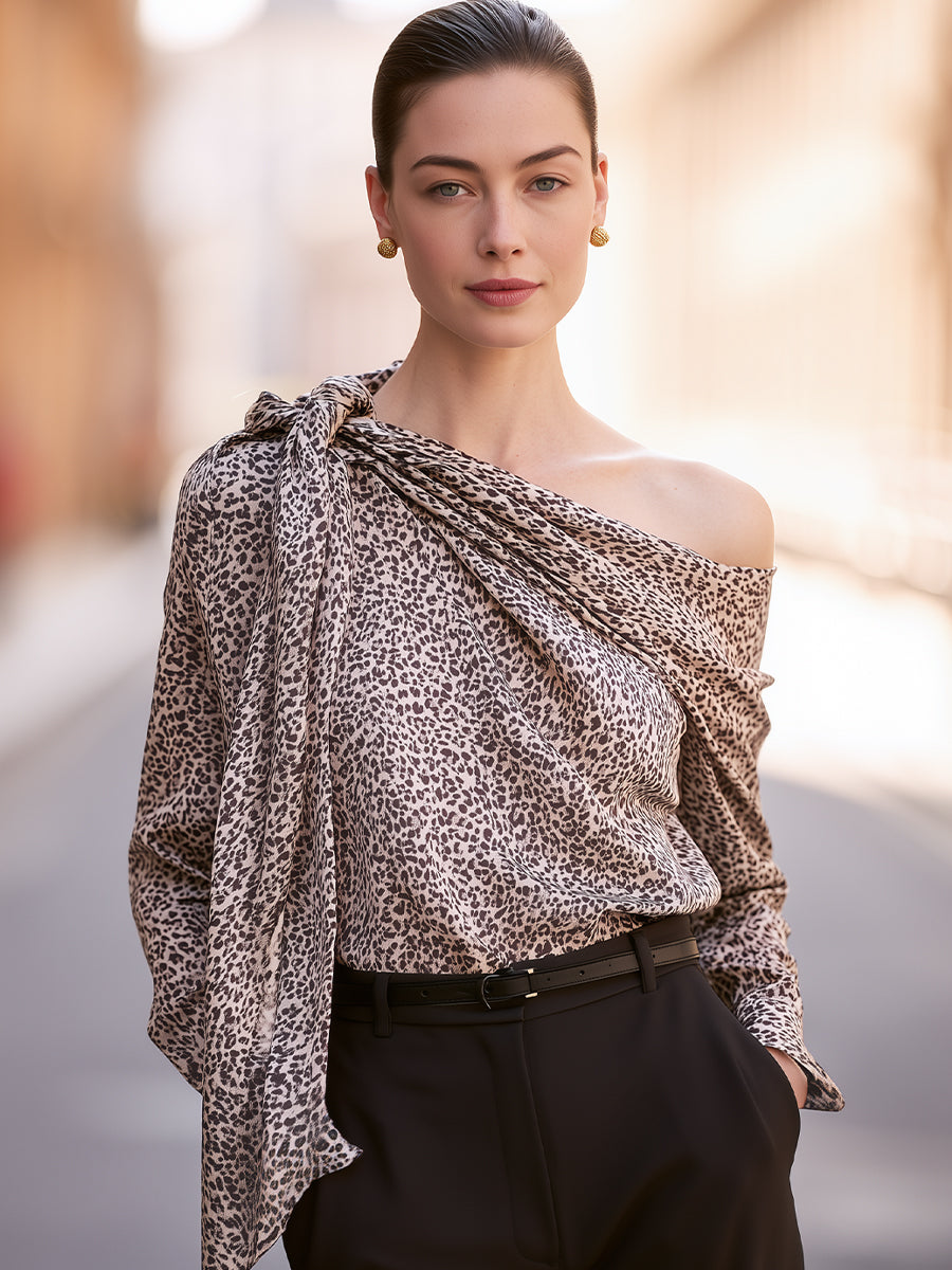 Leopard Print Off-Shoulder Draped Blouse with Tie Neck Detail