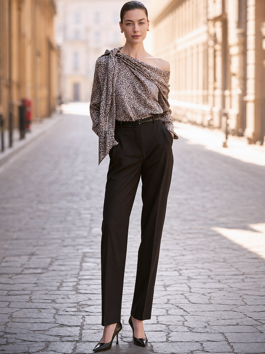 Leopard Print Off-Shoulder Draped Blouse with Tie Neck Detail