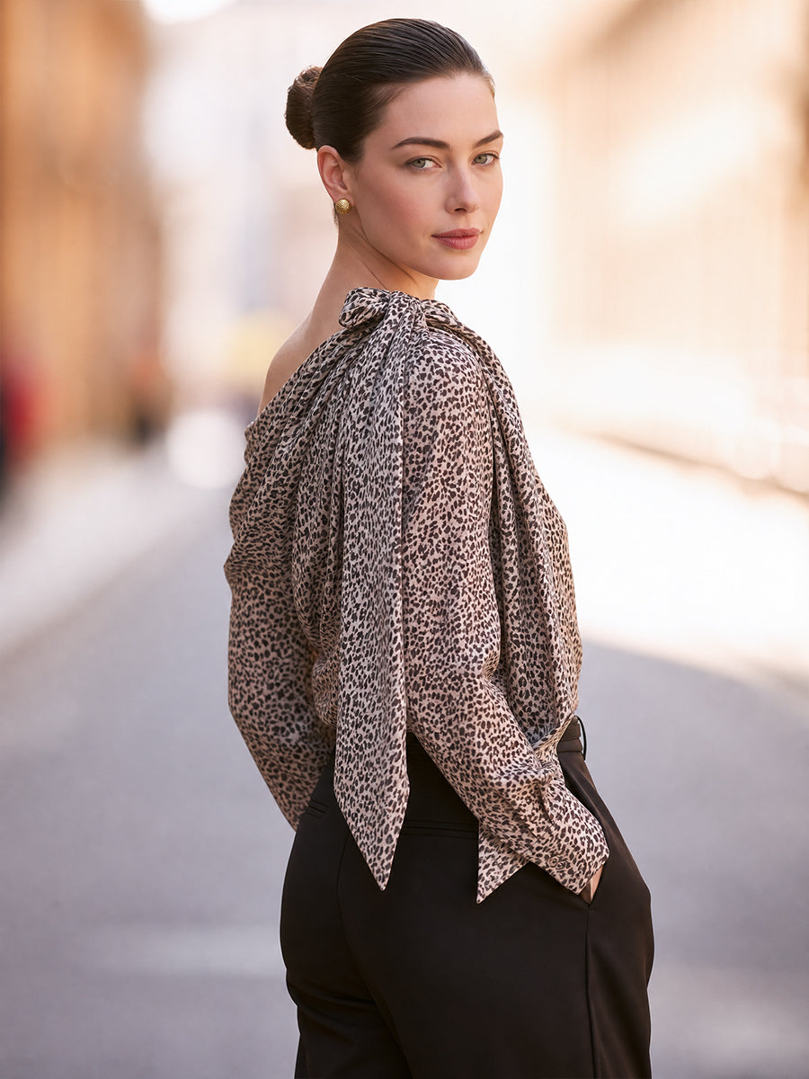 Leopard Print Off-Shoulder Draped Blouse with Tie Neck Detail