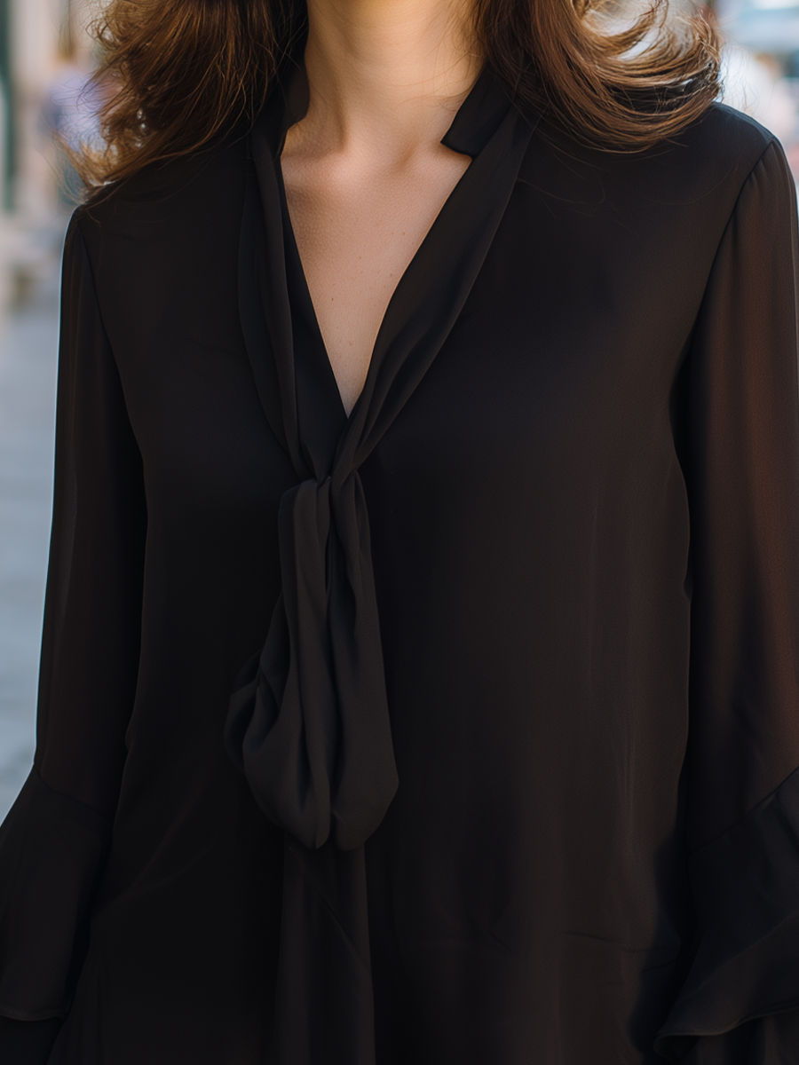 Tie-Neck Ruffle-Sleeve Flared Blouse