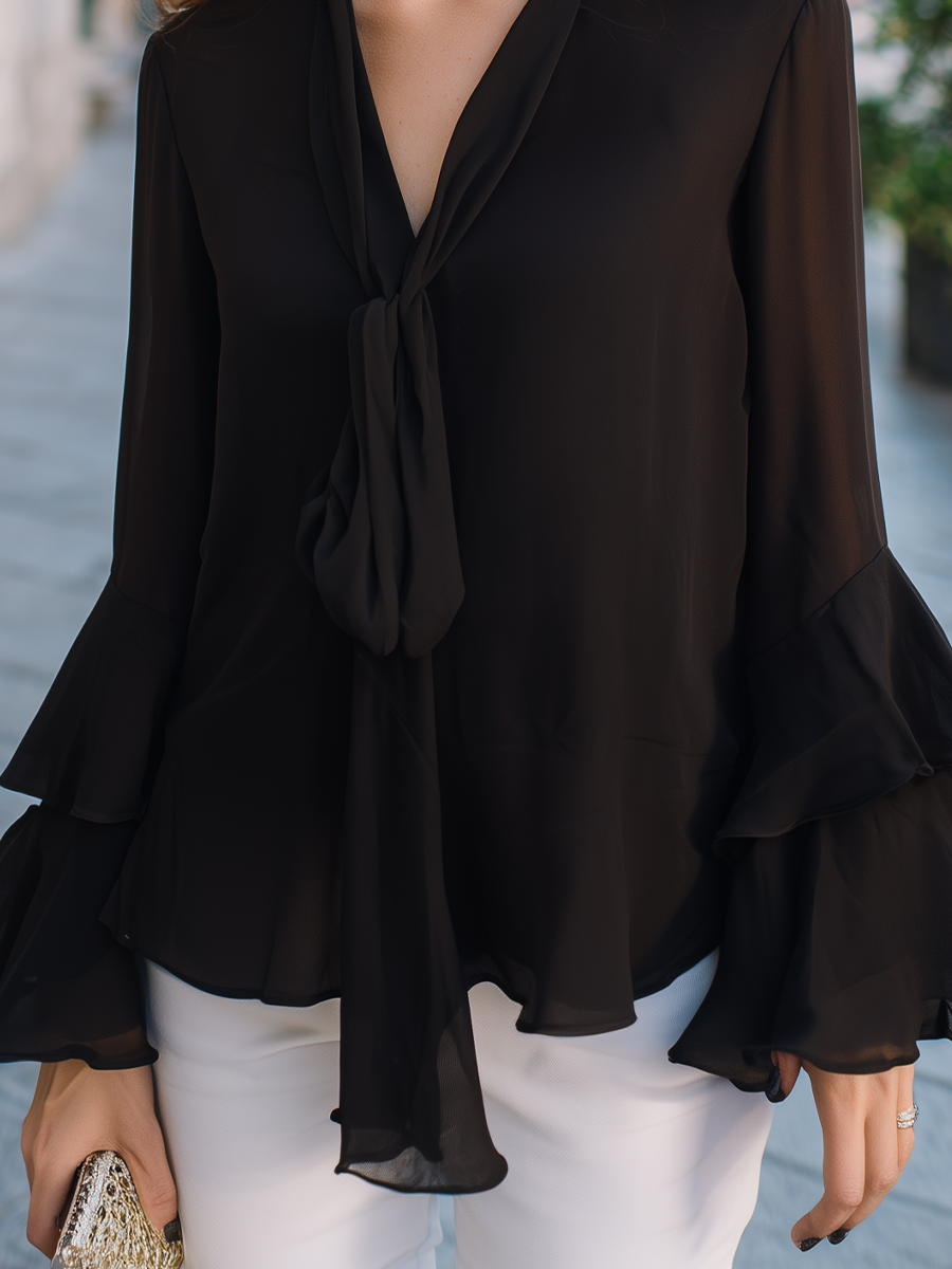 Tie-Neck Ruffle-Sleeve Flared Blouse